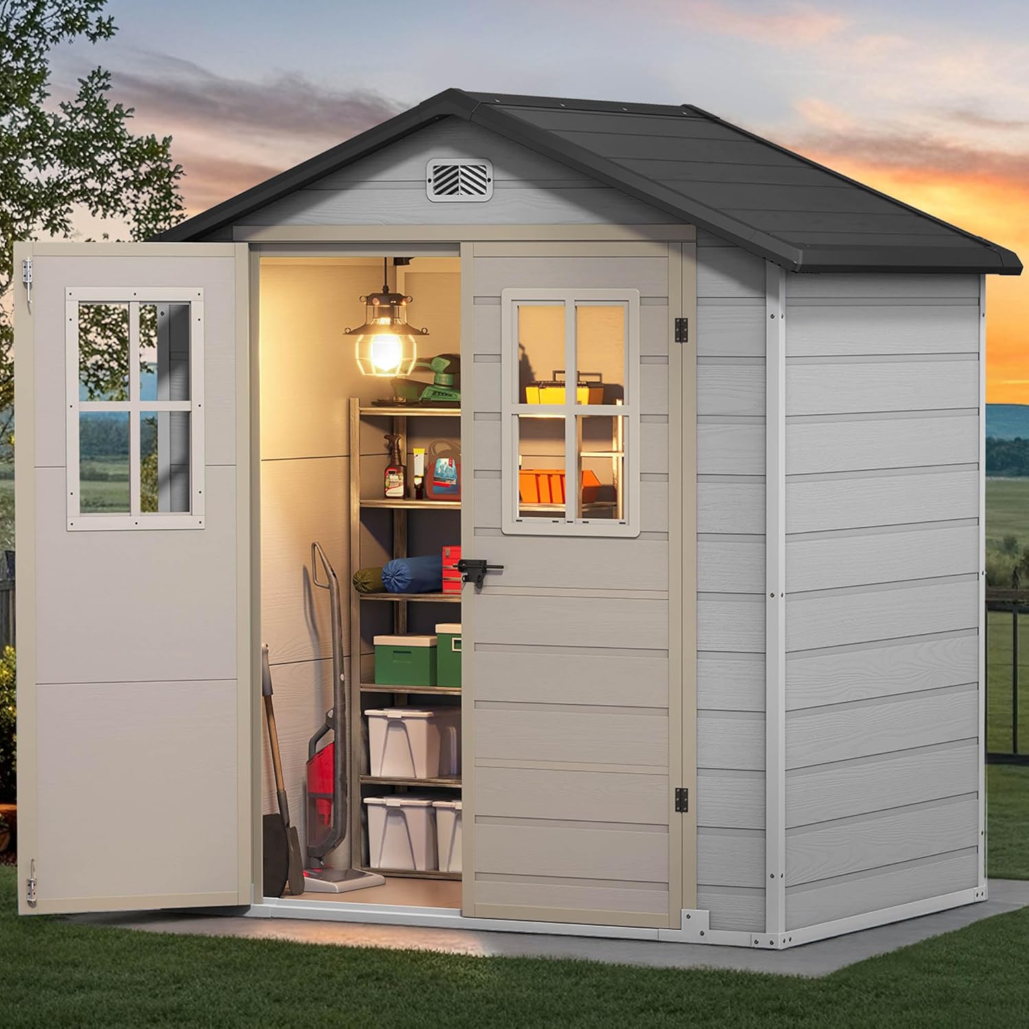 DWVO 6x4.4 FT Outdoor Storage Shed, Plastic Garden Tool Shed with 2 Windows, Double-Wall Outside Shed for Lawn Mower, Garden Tool for Backyard Patio, Lockable, Greige&Gray