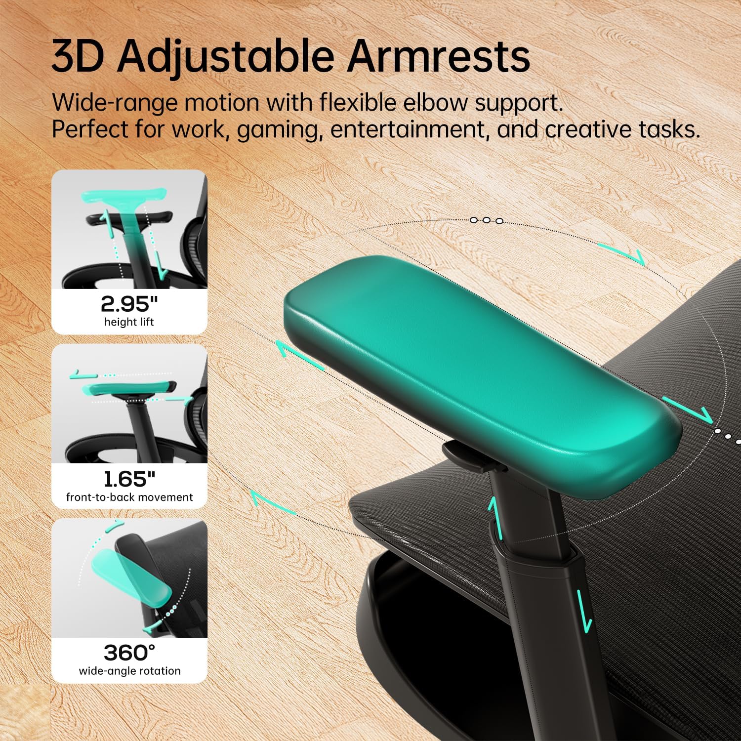 Hbada P2 Ergonomic Office Chair, Office Chair with 3D Lumbar Support, Mesh Chairs with 3D 360° Rotation Arm & 3D Headrest, 135° Stepless Tilt Function, Black(with Footrest)