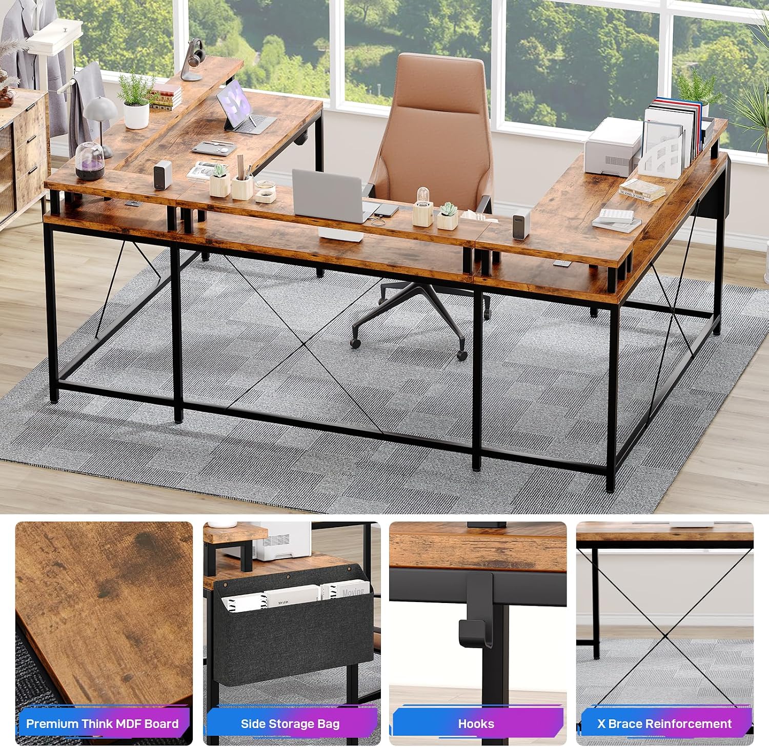 Garvee 79 Inch u Shaped Computer Desk,Large Gaming Desk with Power Outlets & LED Lights,Reversible l Shaped Desk for Home Office Work and Gaming,Rustic Brown
