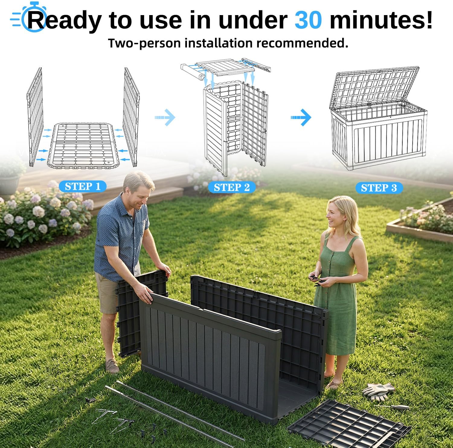 270 Gallon Deck Box, Resin Outdoor Waterproof Storage Box, Lockable Storage Box With Handle for Patio Furniture - Garden Tools - Swimming Pool Tools UV Resistant, Black