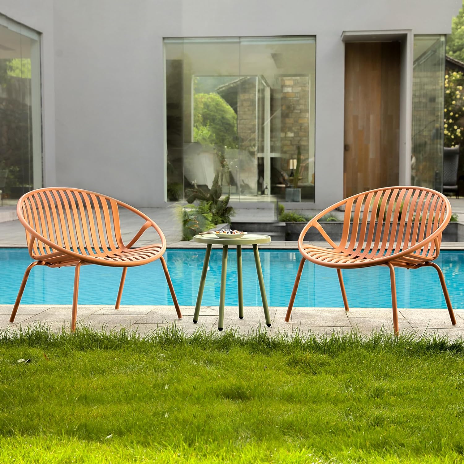 Werph Patio Furniture Set, 3 Pieces Outdoor Furniture with Bistro Green Table and Orange Chairs Set of 2, Outdoor Patio Set with Porch Chairs and Table, Deck Conversation Set for Garden Poolside