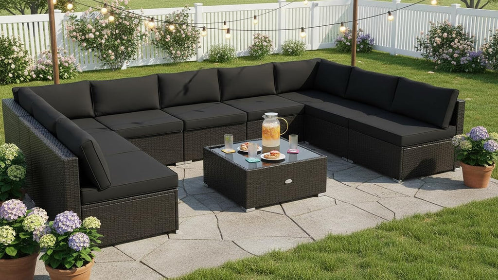 Tangkula 10 Piece Patio Sofa Set, Patiojoy Outdoor Wicker Conversation Set with Seat & Back Cushions, Tempered Glass Tabletop, Sofa Fastener Clips Included, Rattan Furniture Set for Backyard, Poolside