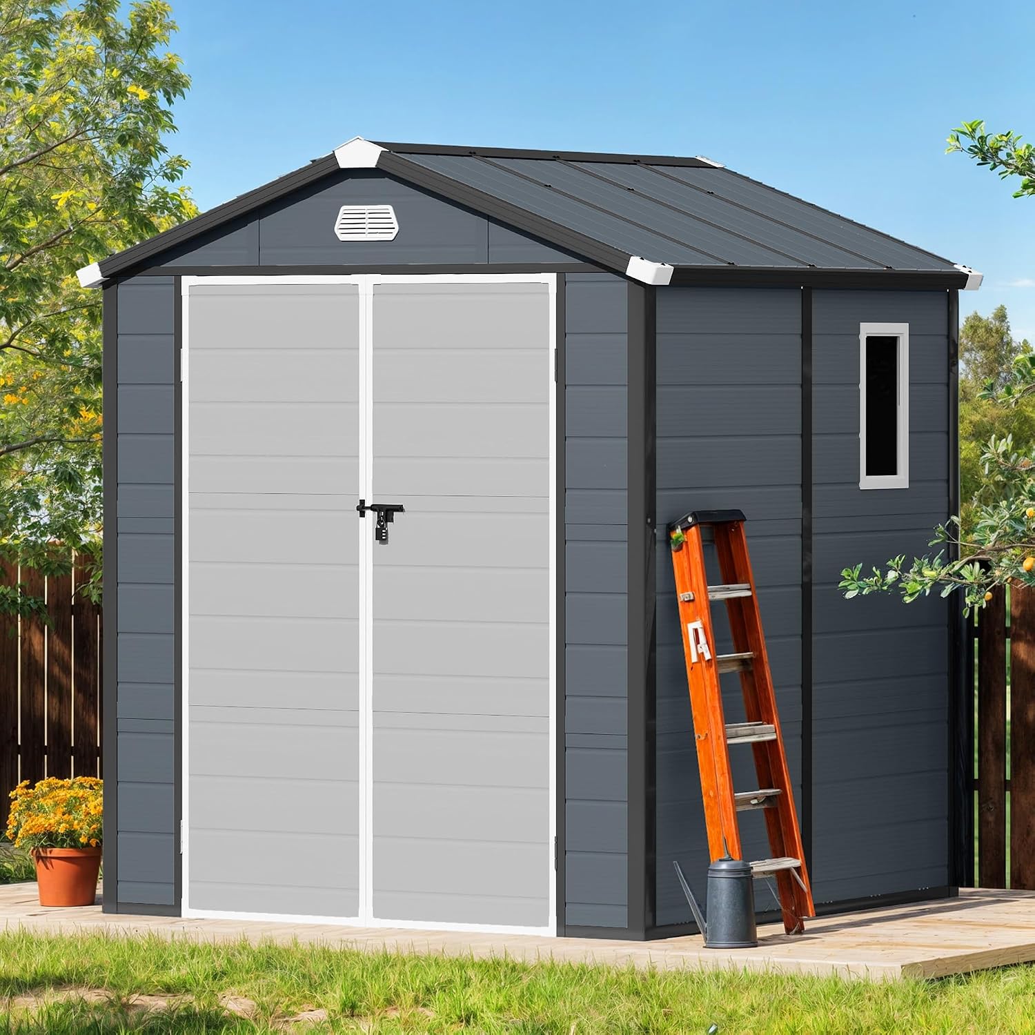 DWVO 6x6FT Outdoor Storage Shed w/o Floor, All-Weather Plastic Shed with Lockable Doors, Window & Vents, Plastic Tool Shed for Backyard, Patio, Poolside, Lawn, Gray