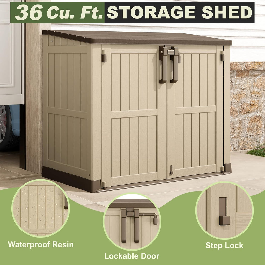 36 Cu Ft Resin Outdoor Storage Shed, Weatherproof Horizontal Outdoor Storage Cabinet with Dual Lock Door for Backyard, Patio, Garage, Garden(Brown-Beige)