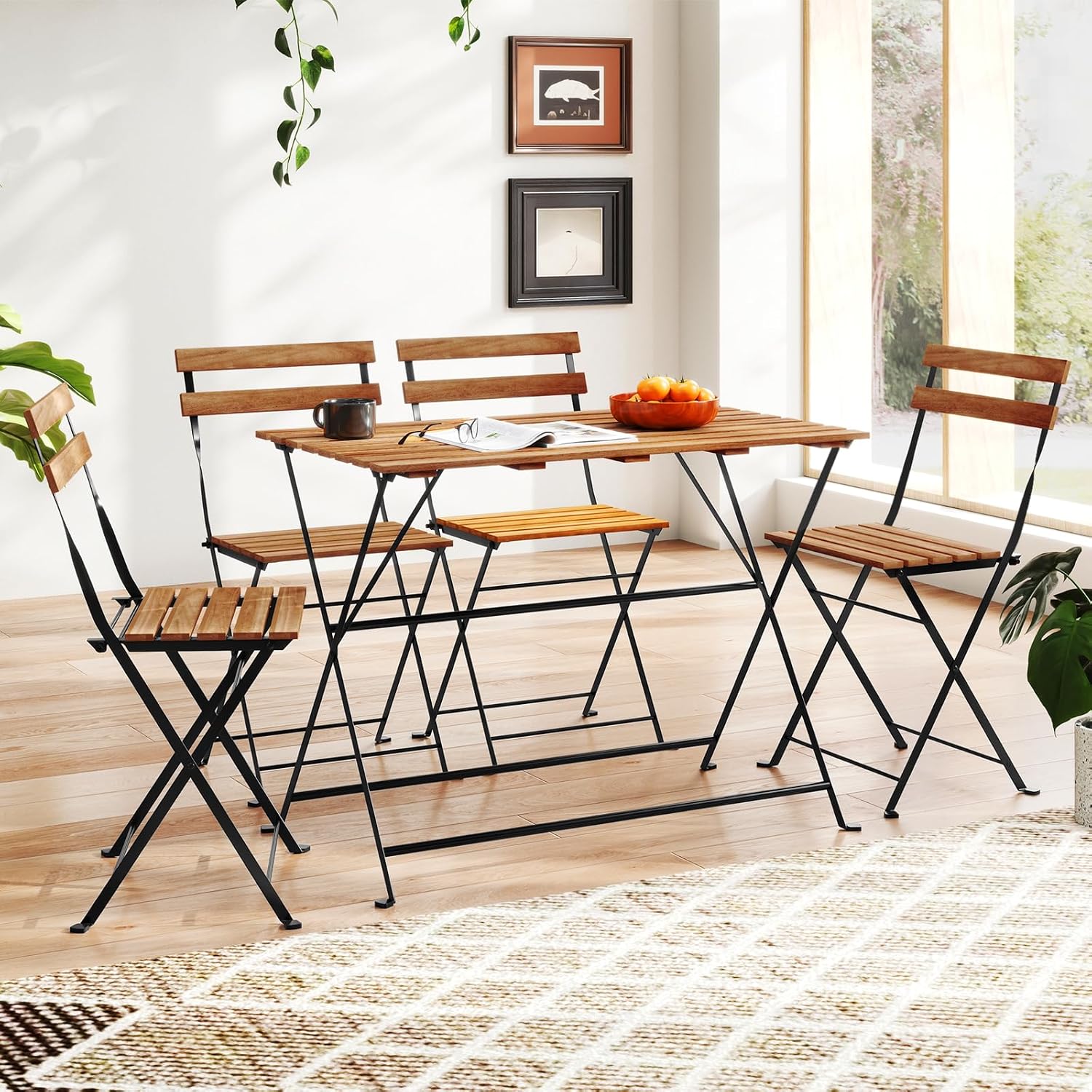Giantex 5-Piece Outdoor Dining Table Set for 4, Acacia Wood Bistro Table with 4 Folding Patio Chairs, Slatted Seat & Tabletop, Metal Frame, for Yard Porch Garden Poolside (Black + Brown)