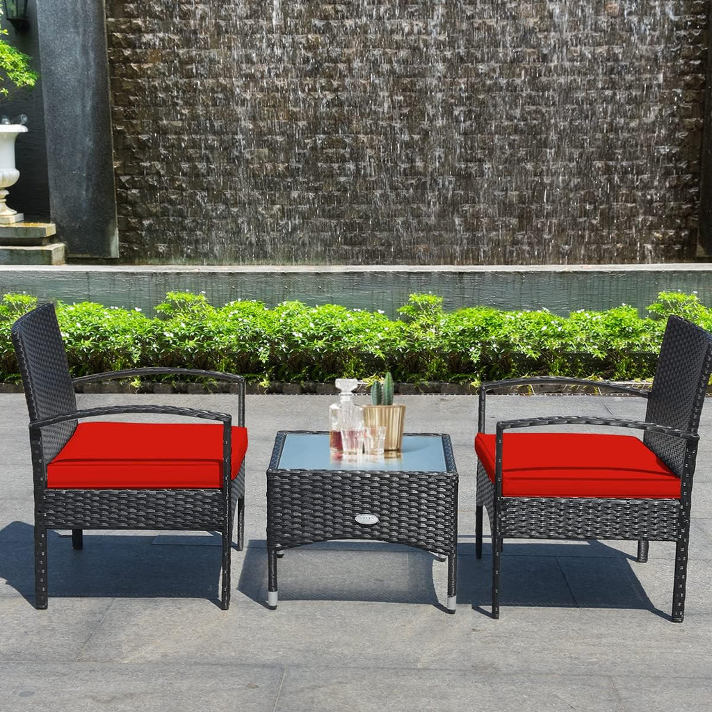 HAPPYGRILL 3 Pieces Patio Furniture Set Outdoor Conversation Set Rattan Wicker Bistro Set with Glass Coffee Table & Soft Cushions for Balcony Garden Poolside