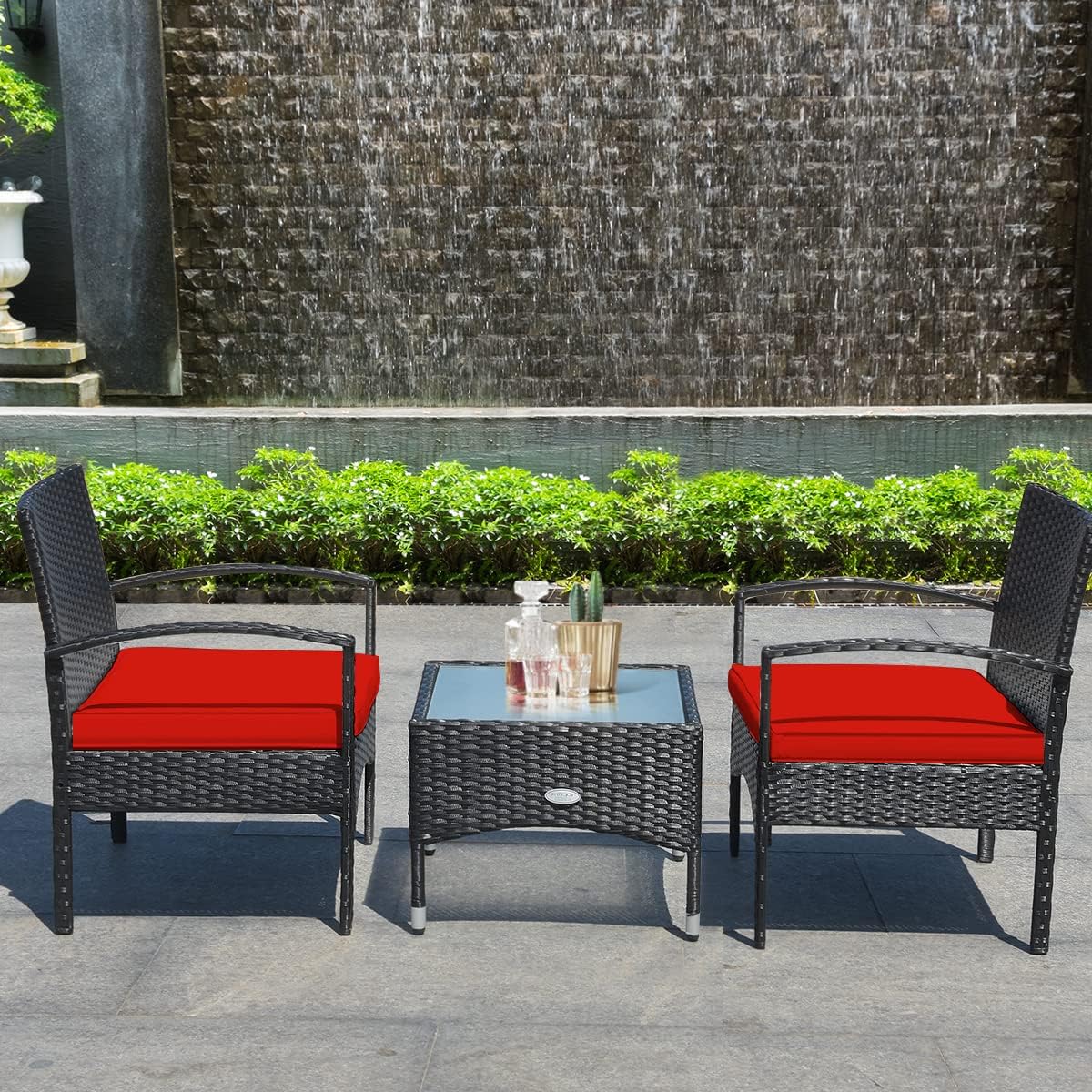 HAPPYGRILL 3 Pieces Patio Furniture Set Outdoor Conversation Set Rattan Wicker Bistro Set with Glass Coffee Table & Soft Cushions for Balcony Garden Poolside