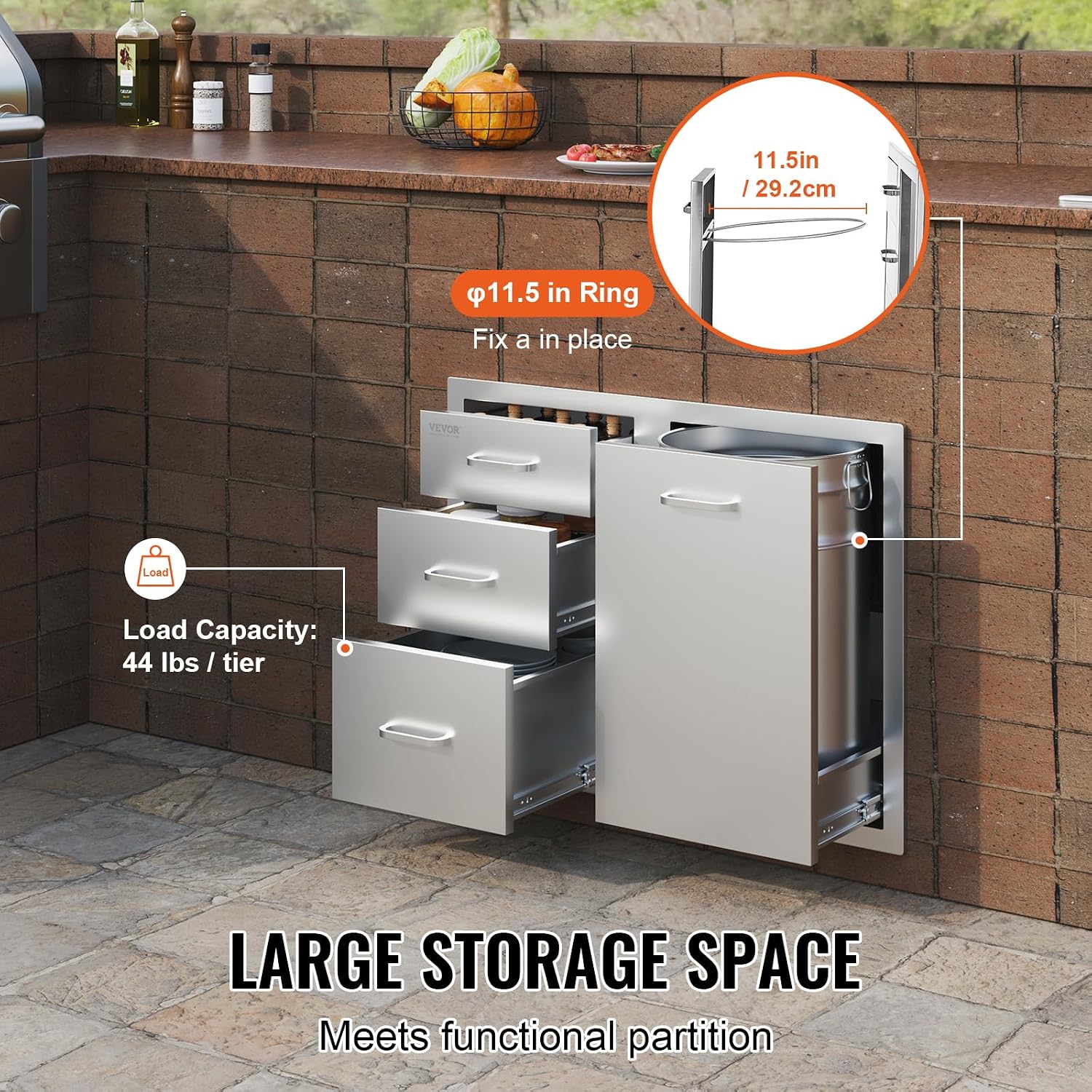 VEVOR Stainless Steel Cabinet, Outdoor Kitchen Door Drawer Combo 29.5' W x 22.6' H x 21.7' D, Access Door/Triple Drawers, Propane Drawer, Adjustable Garbage Ring, BBQ Island Patio Grill Station