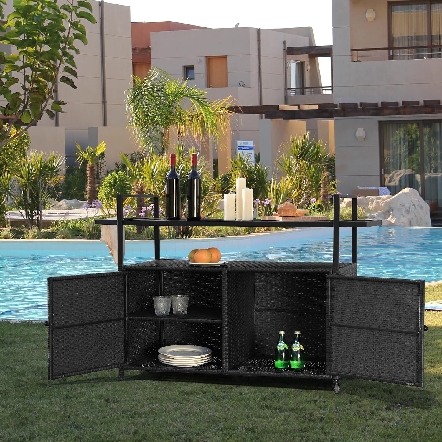 Wicker Outdoor Bar Cart - Black Patio Console Storage Table Buffet Cabinet Serving Kitchen Cart with Wheels for Outside Backyard