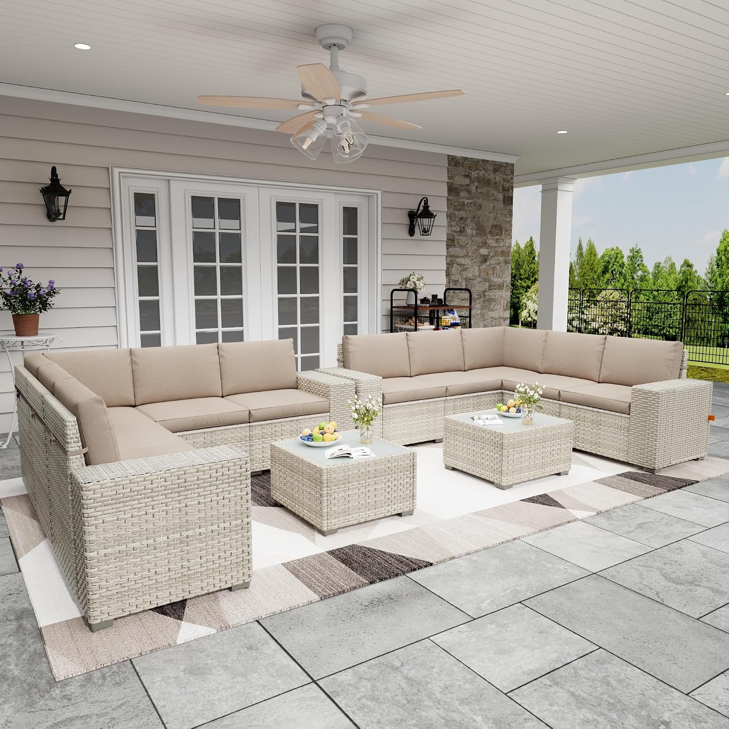12 Piece Patio Furniture Set, 9.8' Wide Arm Sectional Sofa with Storage Armrests, All-Weather Rattan Outdoor Conversation Set for Garden, Porch, Lawn, Backyard, Balcony, Khaki