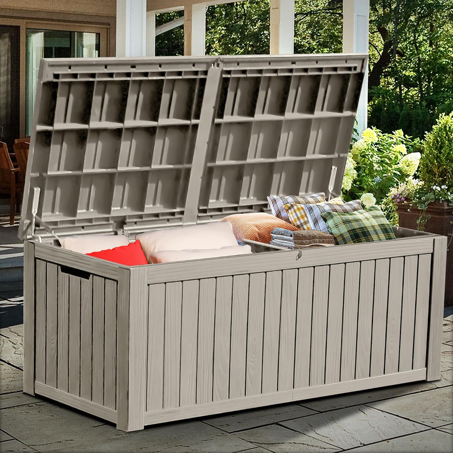 YITAHOME 180 Gallon Large Outdoor Storage XL Deck Box w/Divider for Patio Furniture,Outdoor Cushions, Garden Tools, Sports Equipment and Pool Supplies, Waterproof, Resin, Lockable, Taupe