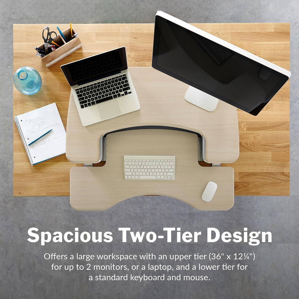 Vari VariDesk Pro Plus 36 Standing Desk Converter – 11 Height Settings + Spring Lift, 2 Tier Design, Keyboard Tray, Fits Desktops 36' Wide x 26.5' Deep – Delivers Fully Assembled (Light Wood)