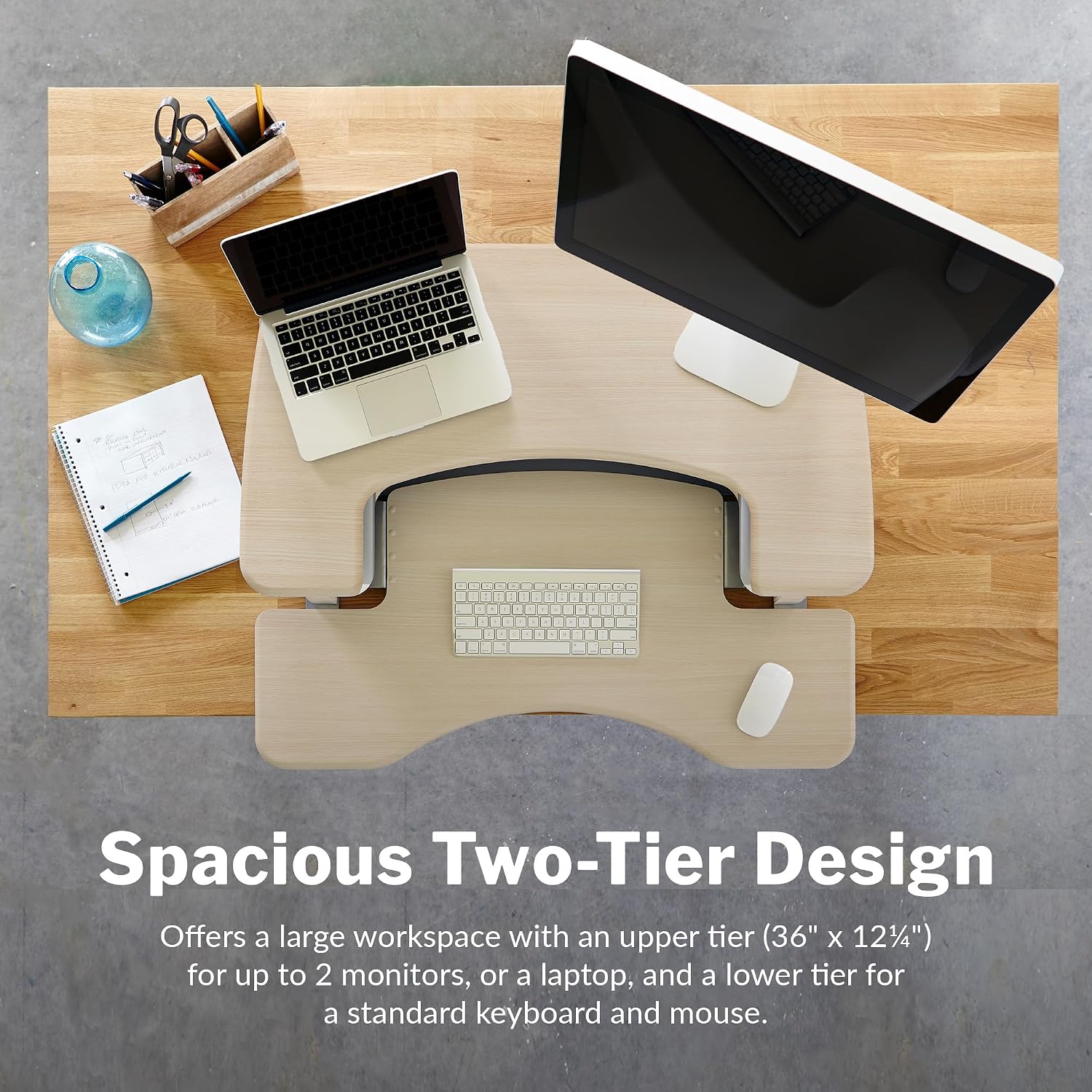 Vari VariDesk Pro Plus 36 Standing Desk Converter – 11 Height Settings + Spring Lift, 2 Tier Design, Keyboard Tray, Fits Desktops 36' Wide x 26.5' Deep – Delivers Fully Assembled (Light Wood)