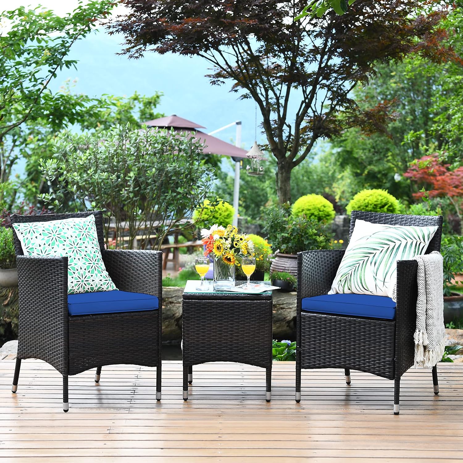 COSTWAY 3 PCS Patio Furniture Set, Outdoor Wicker Conversation Set with Tempered Glass Coffee Table, Seat Cushions, Rattan Wicker Chairs for Poolside Balcony Porch Backyard, Navy