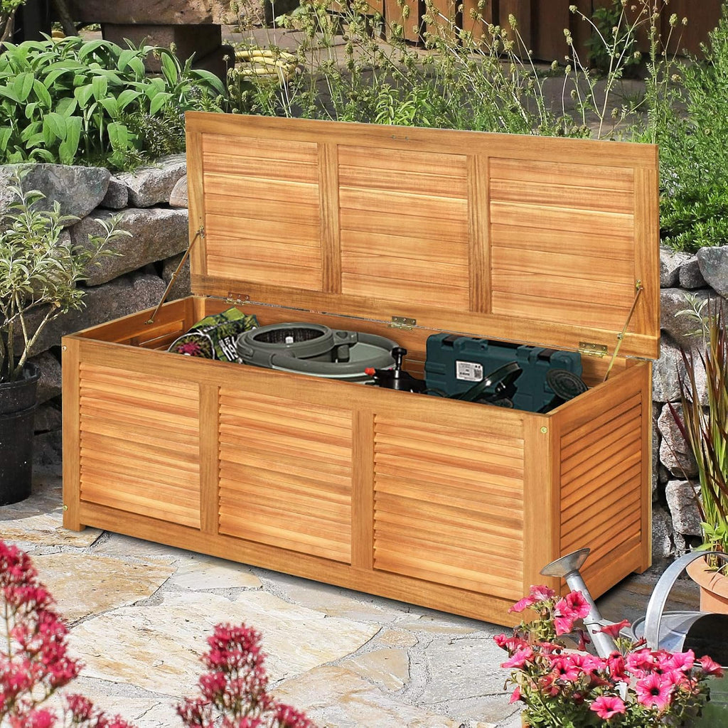 Tangkula 46 Gallon Acacia Wood Deck Box, Garden Backyard Storage Bench, Outdoor Storage Container for Patio Furniture Cushions and Gardening Tools