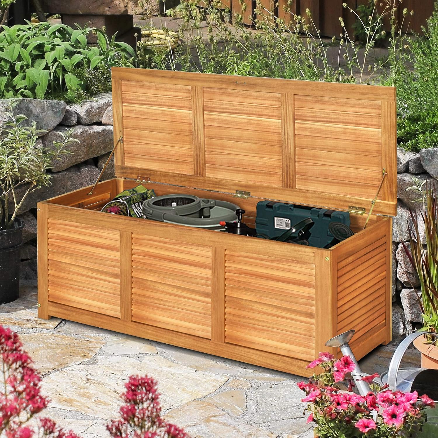 Tangkula 46 Gallon Acacia Wood Deck Box, Garden Backyard Storage Bench, Outdoor Storage Container for Patio Furniture Cushions and Gardening Tools