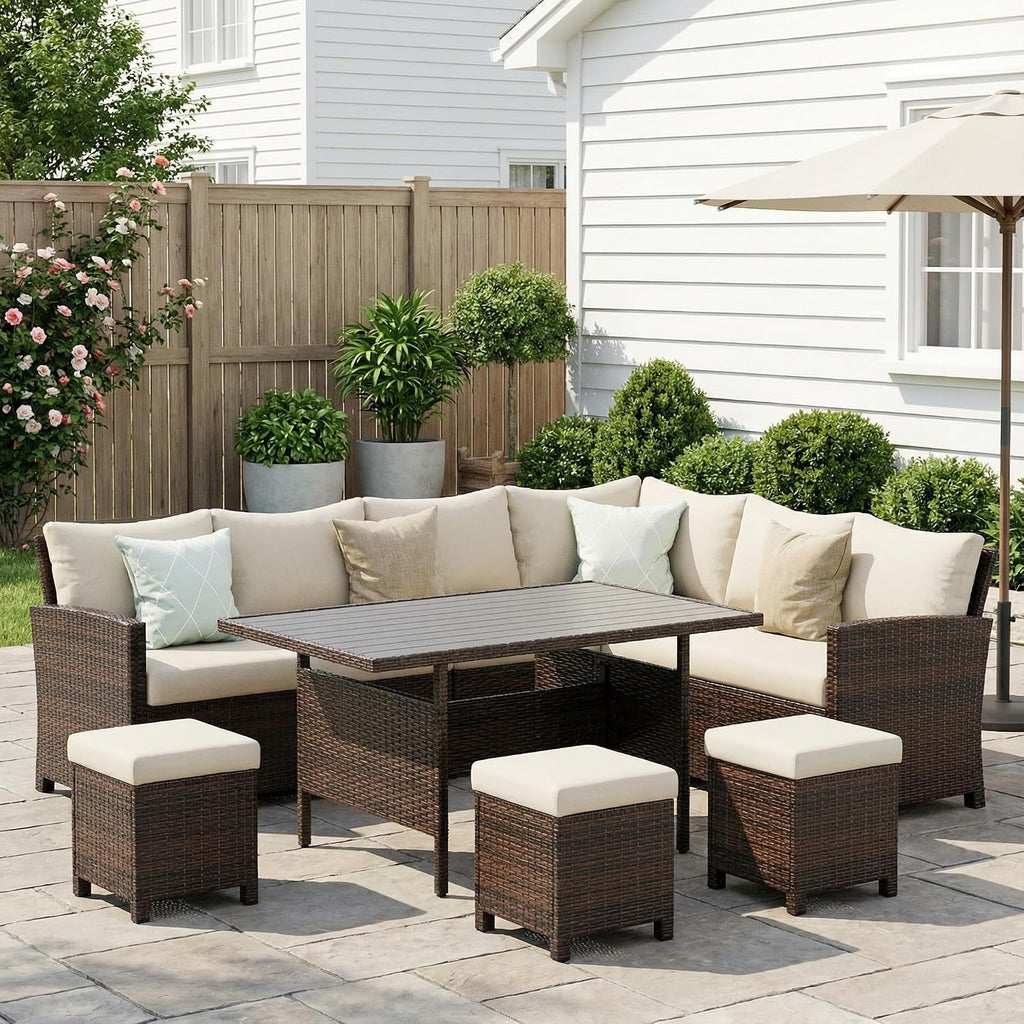Wisteria Lane 7 Piece Patio Furniture Set, High Curved Back Wicker Patio Sectional, All Weather Outdoor Dining Set, Outdoor Furniture Patio Conversation Set with Ottoman, Ivory
