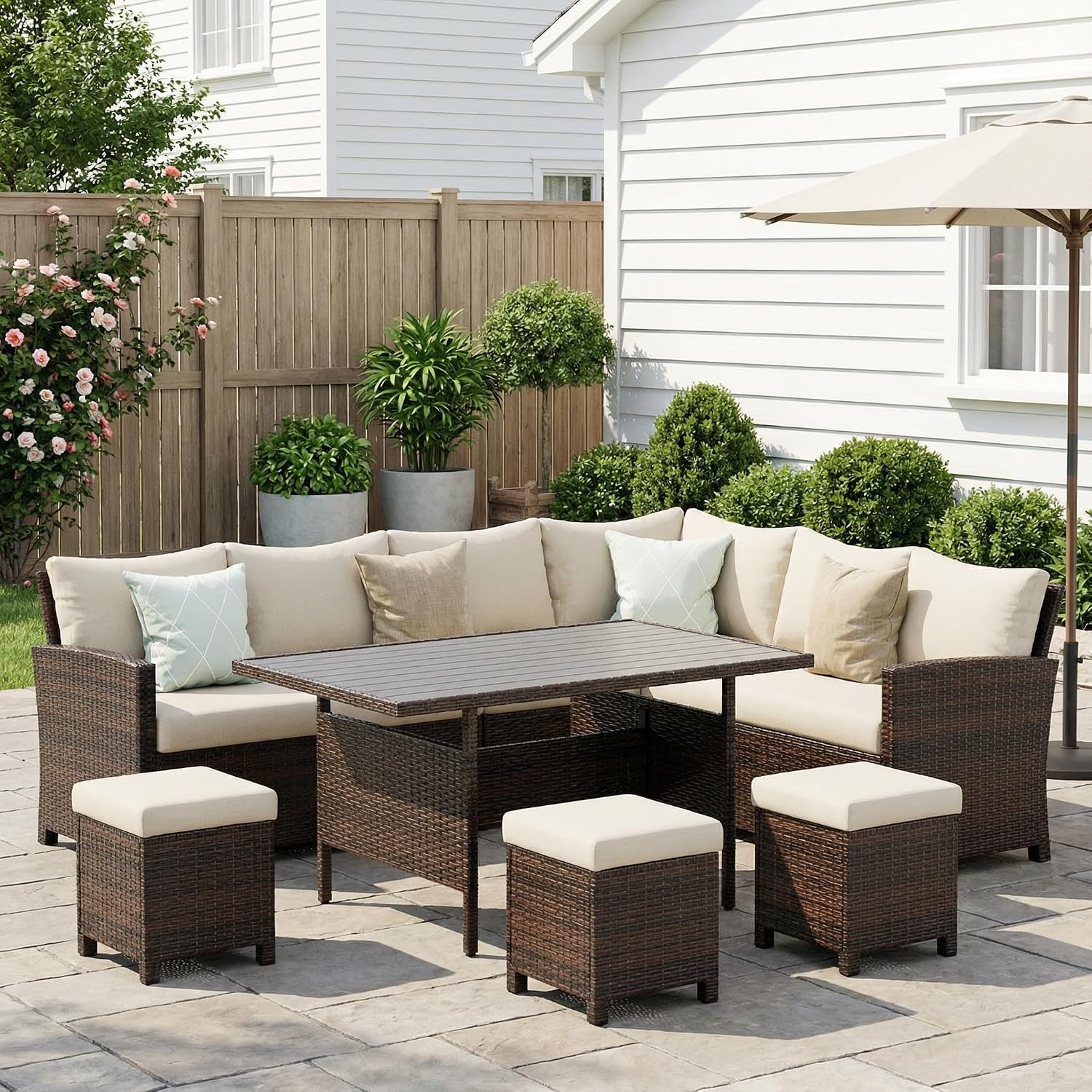 Wisteria Lane 7 Piece Patio Furniture Set, High Curved Back Wicker Patio Sectional, All Weather Outdoor Dining Set, Outdoor Furniture Patio Conversation Set with Ottoman, Ivory
