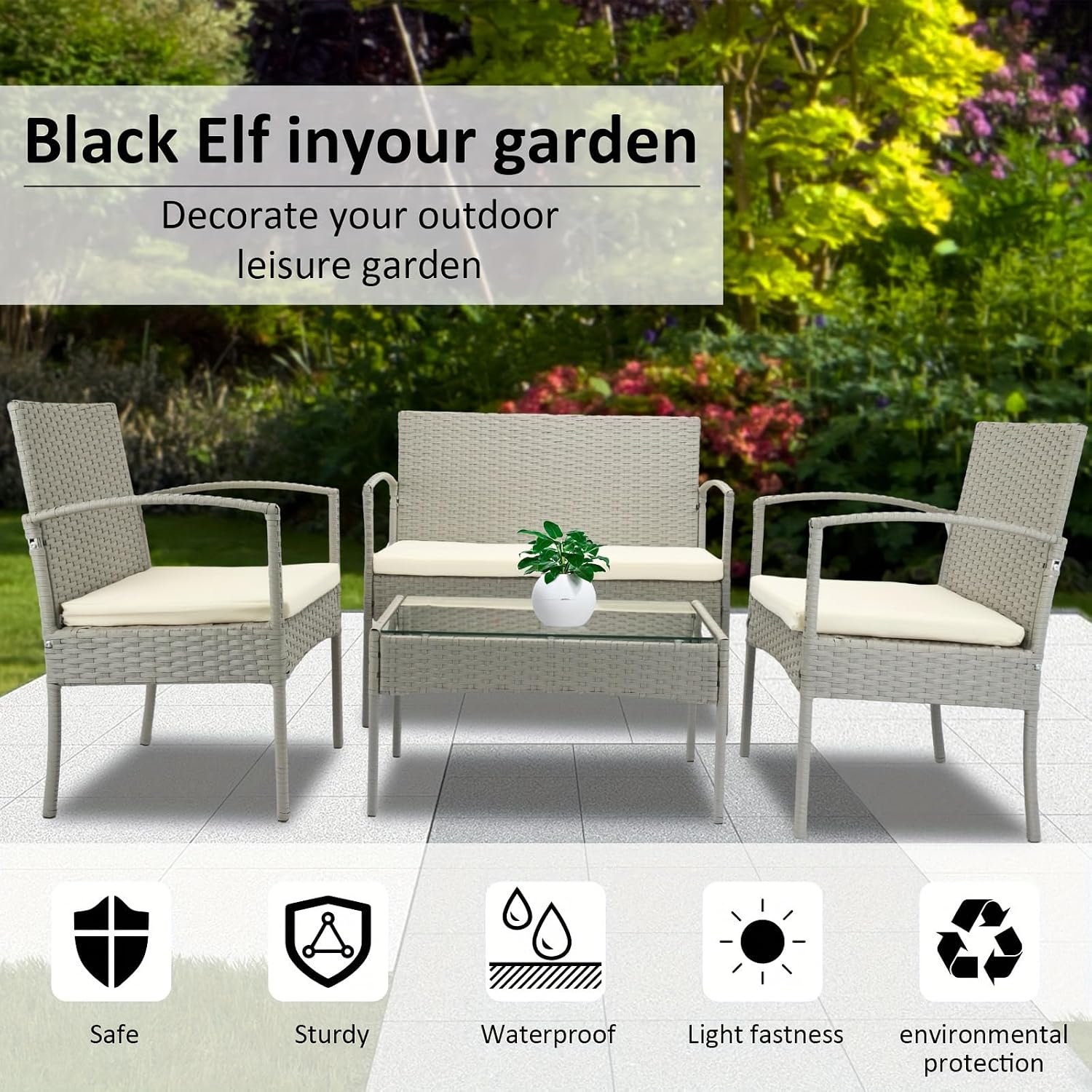 4-Piece Rattan Wicker Patio Furniture Set, Outdoor Conversation Set with Coffee Table, All-Weather Wicker Chair for Porch, Balcony, Garden, Backyard, Modern Outdoor Seating Set (Grey)