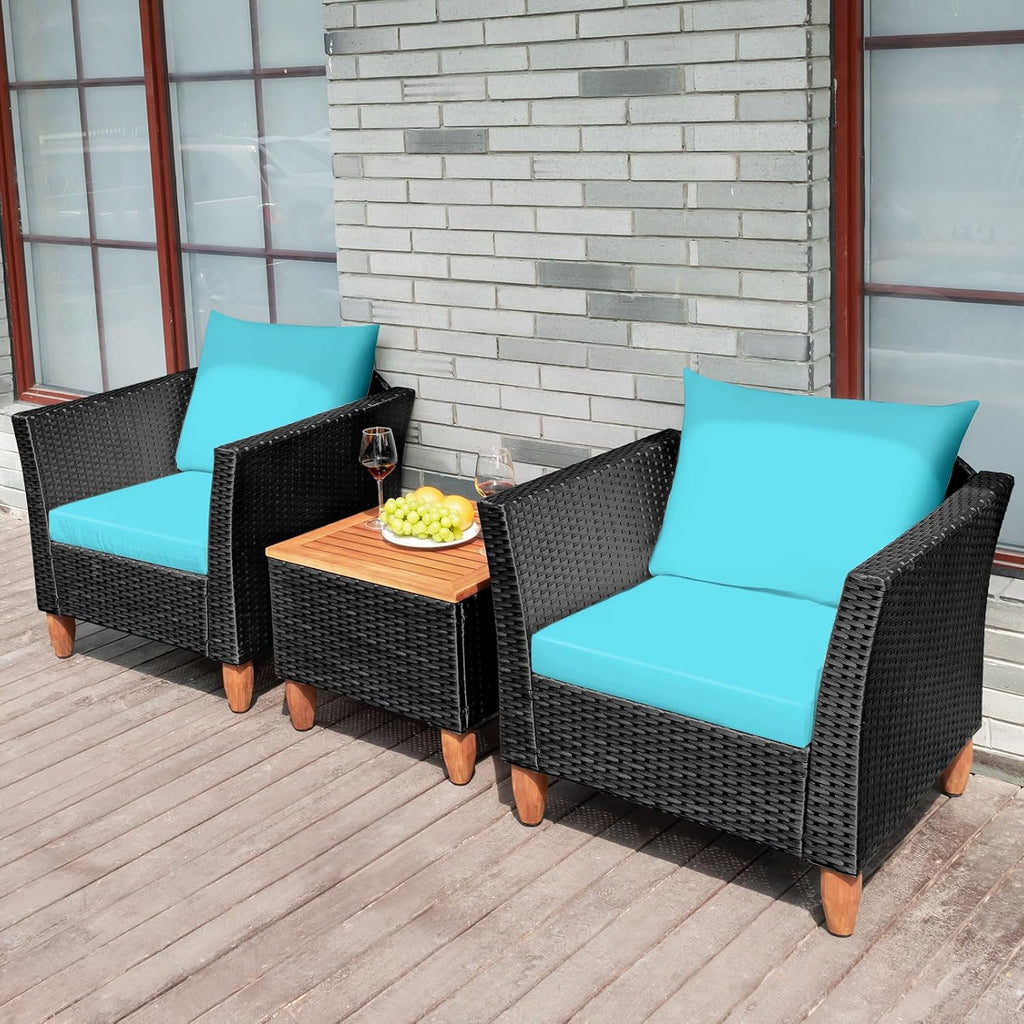 COSTWAY 3 Pieces Patio Rattan Furniture Set, Outdoor Wicker Conversation Chairs Set with Acacia Wood Coffee Table & Washable Cushion, Porch Furniture Bistro Set for Balcony, Garden Backyard, Turquoise