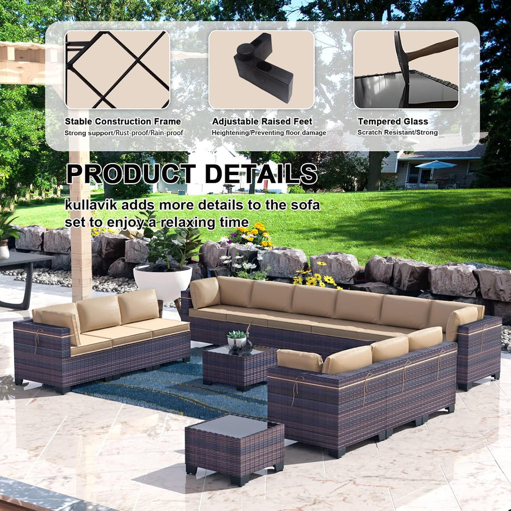 Kullavik 14 Pieces Outdoor Patio Furniture Set,Sectional Rattan Sofa Set Brown PE Rattan Wicker Patio Conversation Set with Tempered Glass Coffee Tables and Washable Cushions Covers,Sand