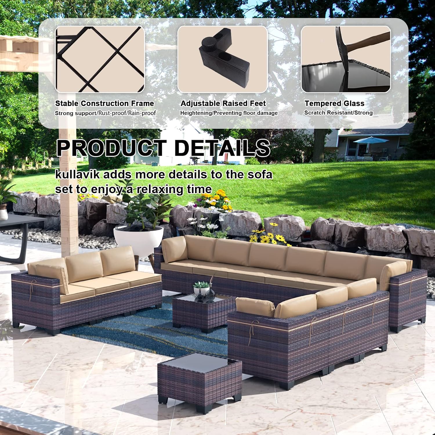 Kullavik 14 Pieces Outdoor Patio Furniture Set,Sectional Rattan Sofa Set Brown PE Rattan Wicker Patio Conversation Set with Tempered Glass Coffee Tables and Washable Cushions Covers,Sand