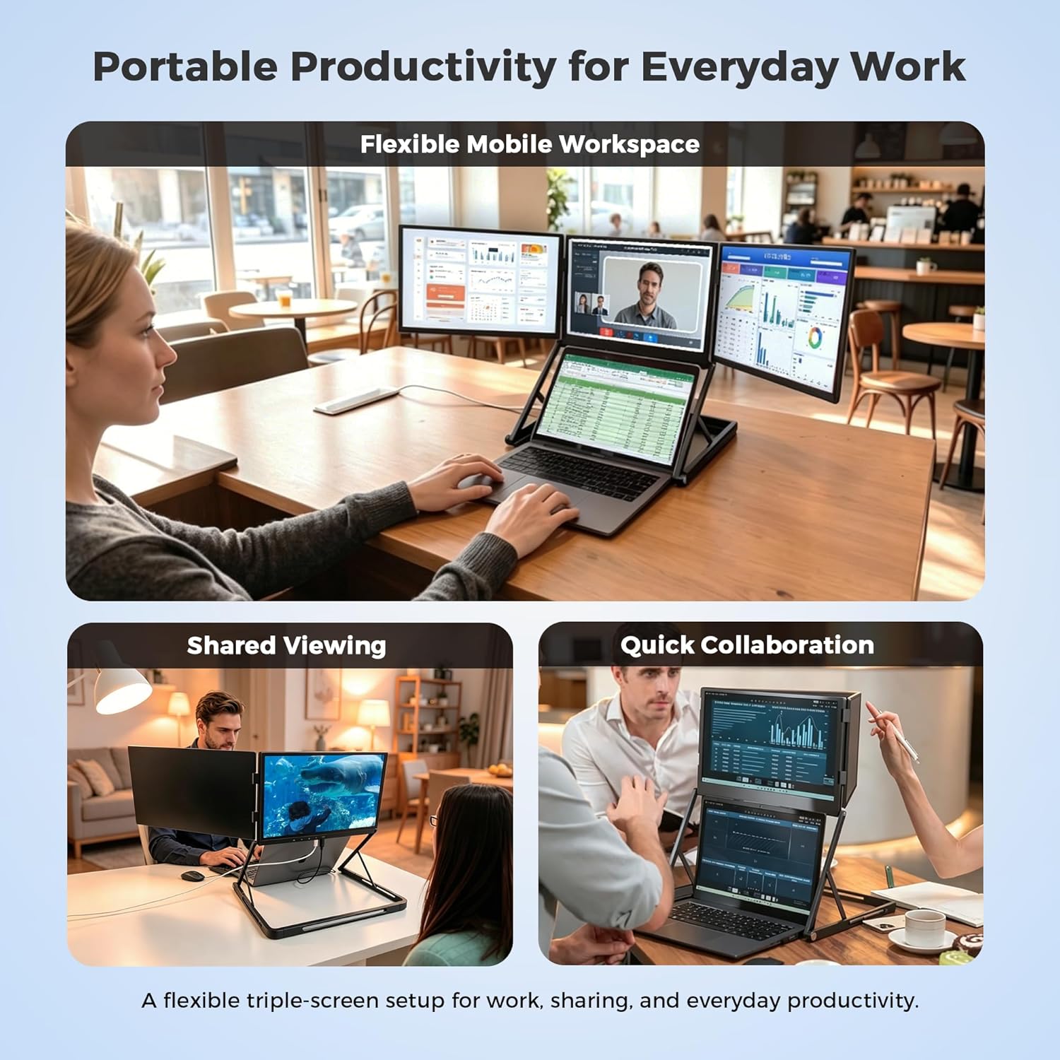 14 Inch Laptop Screen Extender, Portable Triple Monitor for 11-17 Inch Laptops, 1920x1200 IPS Foldable Display with 360° Rotation, USB-C (DP Alt Mode) and HDMI for Windows and Mac