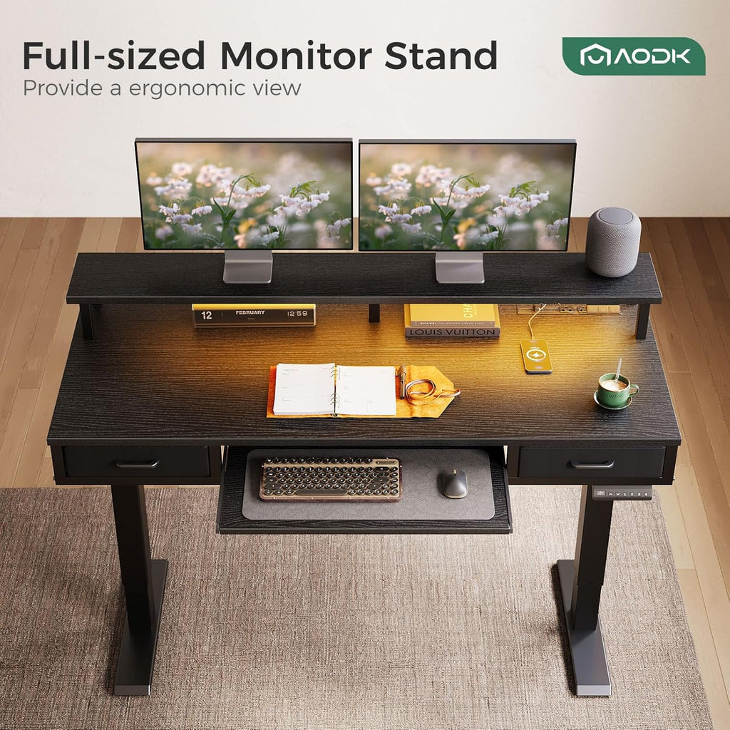 AODK Electric Standing Desk with Drawers & Keyboard Tray, 55 Inch Height Adjustable Desk with Power Outlets & LED Lights, Sit Stand Table with Monitor Stand for Home, Office, Black