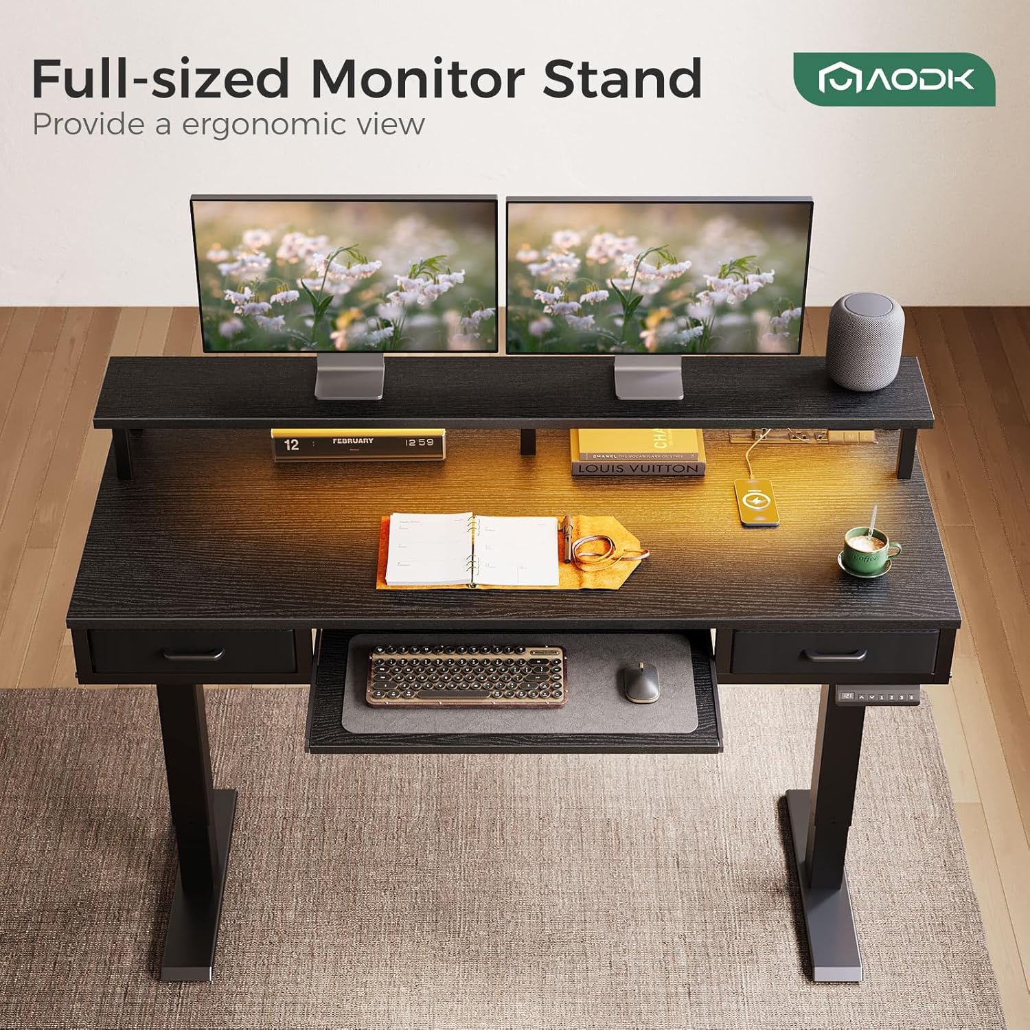 AODK Electric Standing Desk with Drawers & Keyboard Tray, 55 Inch Height Adjustable Desk with Power Outlets & LED Lights, Sit Stand Table with Monitor Stand for Home, Office, Black