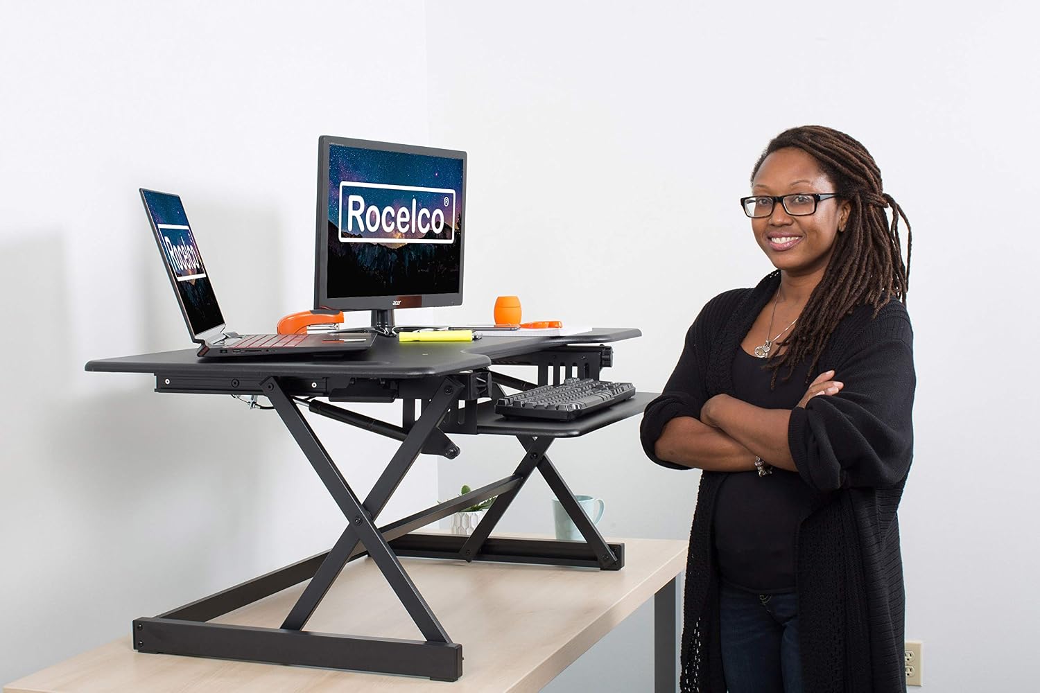 Rocelco 46' Large Height Adjustable Standing Desk Converter - Quick Sit Stand Up Triple Monitor Riser - Tall Gas Spring Assist Computer Workstation - Retractable Keyboard Tray - Black (R DADRB-46)