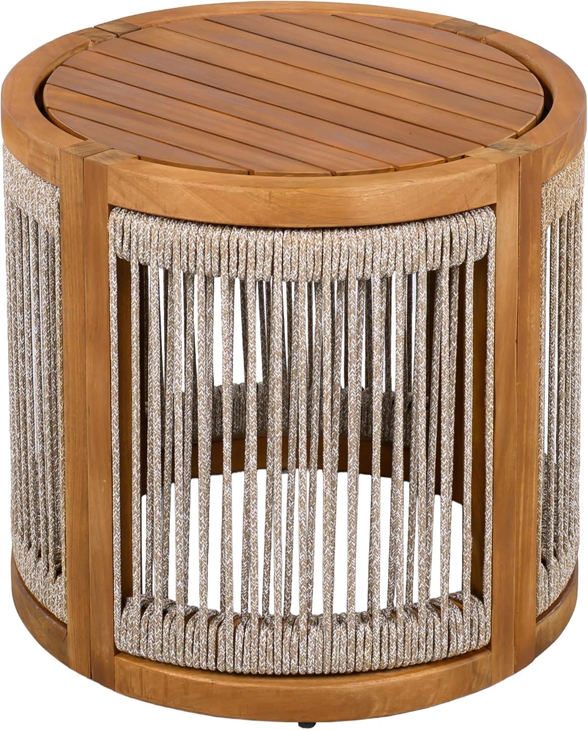 Christopher Knight Home Viktor Acacia Wood Outdoor Side Table, Patio Round Coffee Table with Woven Rope Accents, Table for Patio Furniture Set, Elegant Slatted Design, Weather-Resistant, Teak