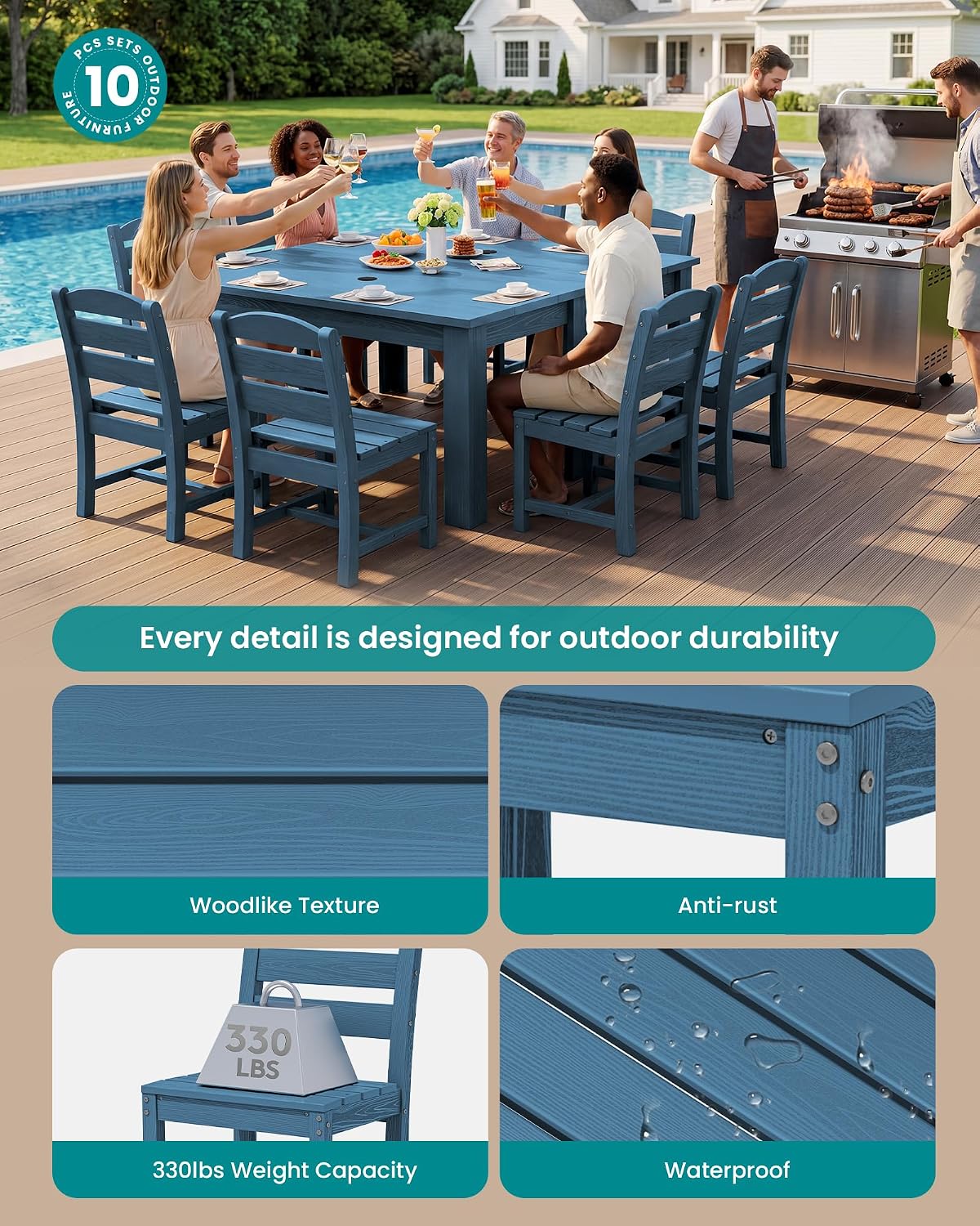SERWALL Outdoor Dining Sets for 10, HDPE Dining Sets for 10 Person with 2 Rectangular Tables and 8 Armless Chairs, Patio Dining Sets for Garden, Backyard, Poolside, Blue