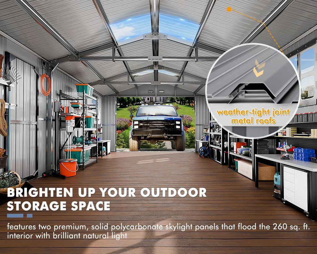 K Knowbody 13x20x8.3 FT Metal Garage Shed,Ultra-Reinforced Truss System,18-Gauge Powder-Coated Frame,100 PSF Snow, 150 MPH Wind Rated, Skylight Dual-Entry Large Outdoor Building,Carport,Workshop