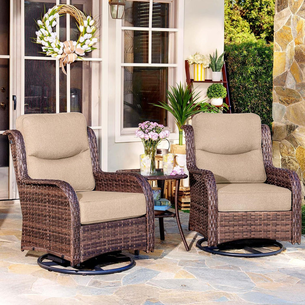 HILLGA 3-Piece Luxury Patio Furniture Set with 6' Thick Cushions, Weather-Resistant Wicker High Back Swivel Rocker Chairs, Senior-Friendly Conversation Set for Small Porch, Deck and Sunroom, Beige(V2)
