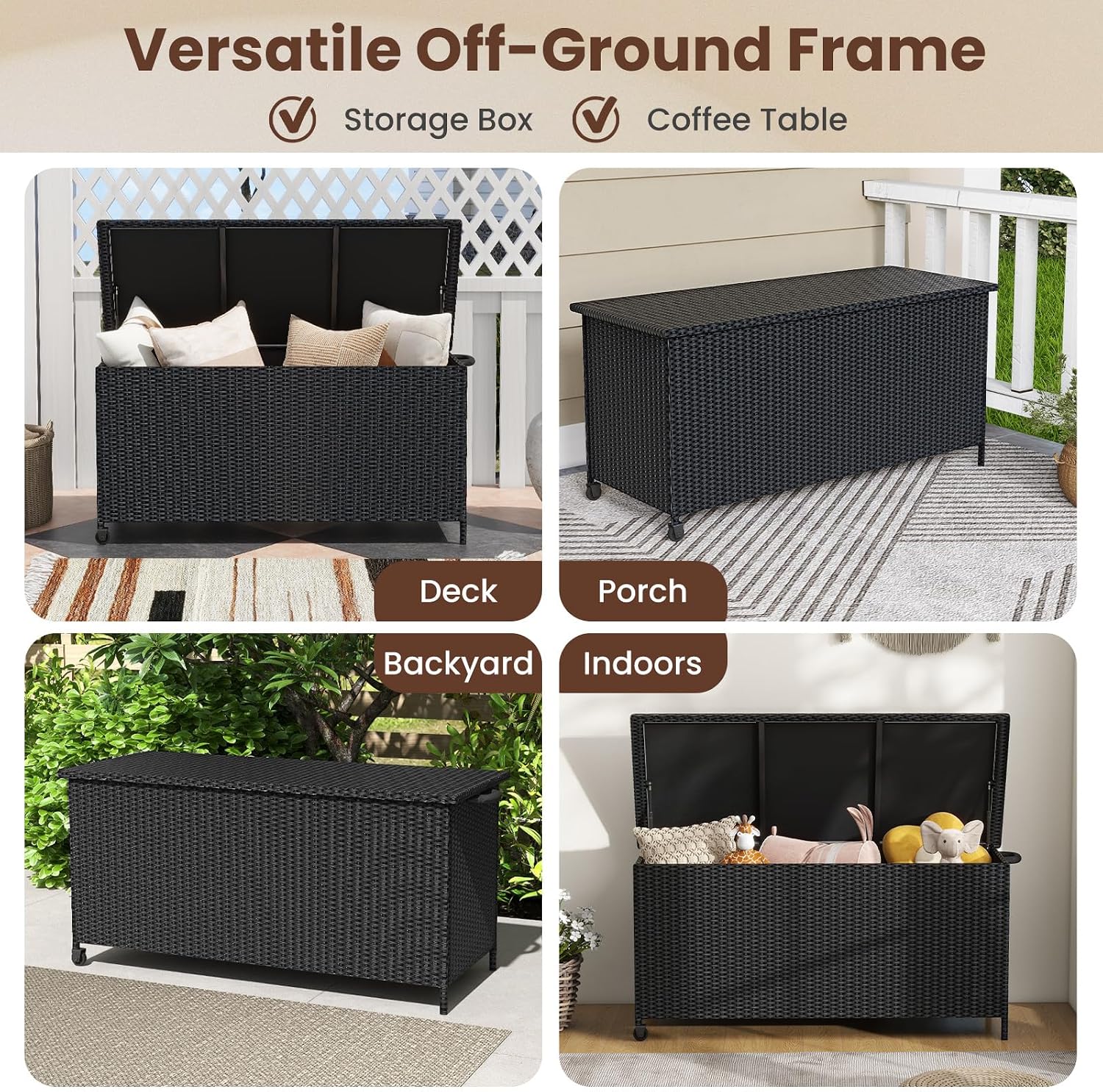RELAX4LIFE 85-Gallon Deck Box with Wheels - Wicker Rattan Storage Bin Container w/Waterproof Liner & Gas Strut for Patio Cushions, Garden Tools, Pool Supplies, Indoor Outdoor Storage Box (Black)