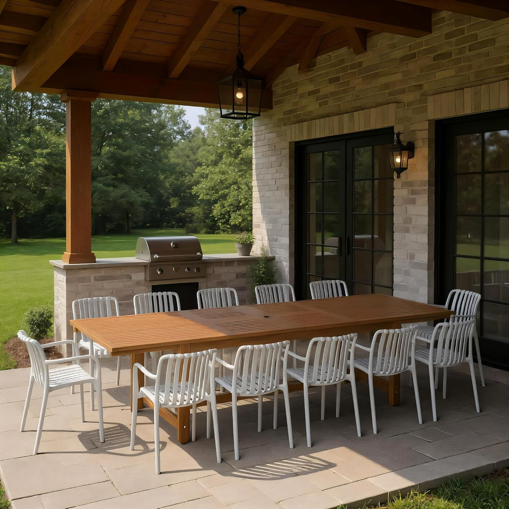 Urban Elements Frida Rectangular Extendable Patio Furniture Set | 100% Certified Teak Finish | Backyard Furniture, Outside Table and Chairs, Rectangular Outdoor Dining Set (White, 13-Piece)