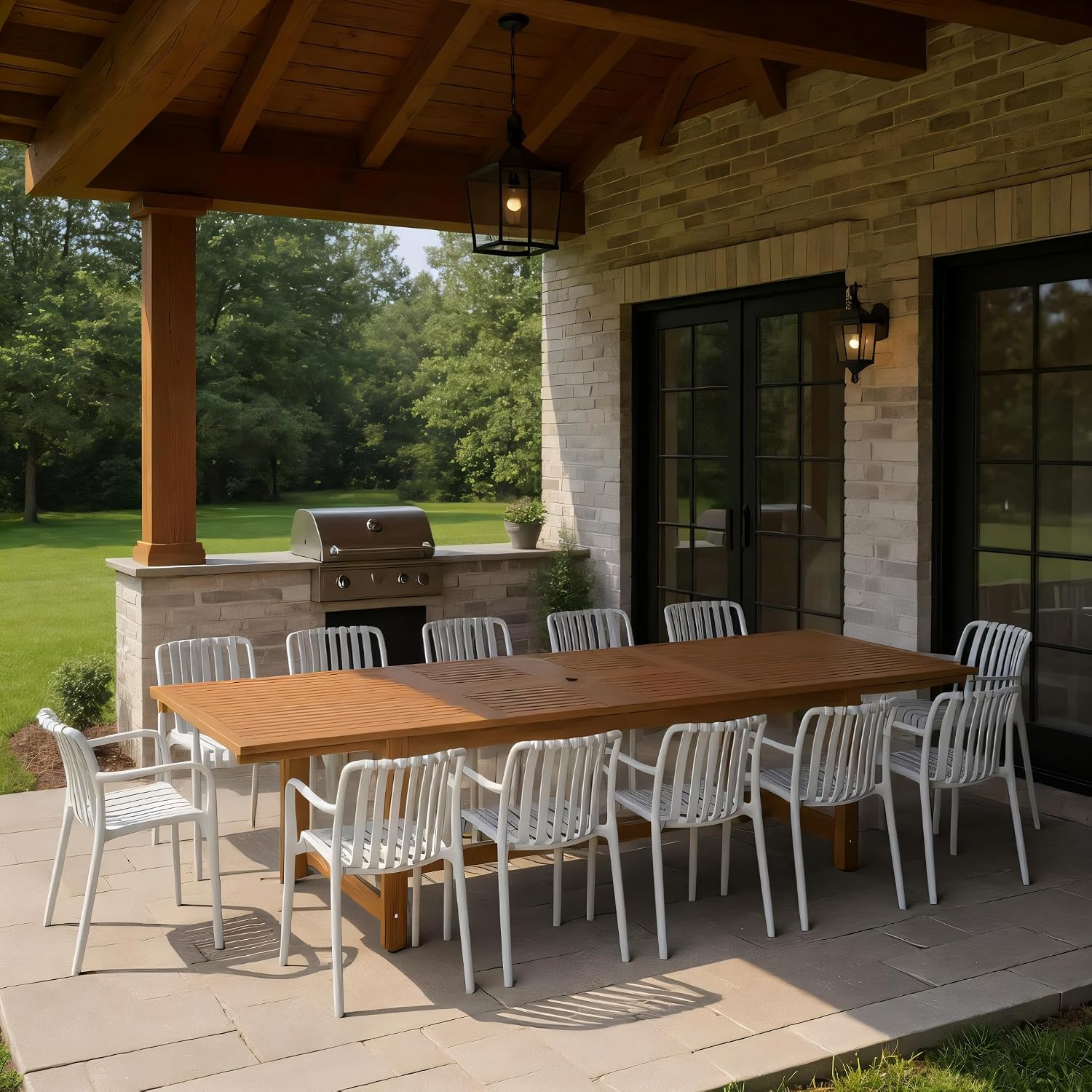 Urban Elements Frida Rectangular Extendable Patio Furniture Set | 100% Certified Teak Finish | Backyard Furniture, Outside Table and Chairs, Rectangular Outdoor Dining Set (White, 13-Piece)