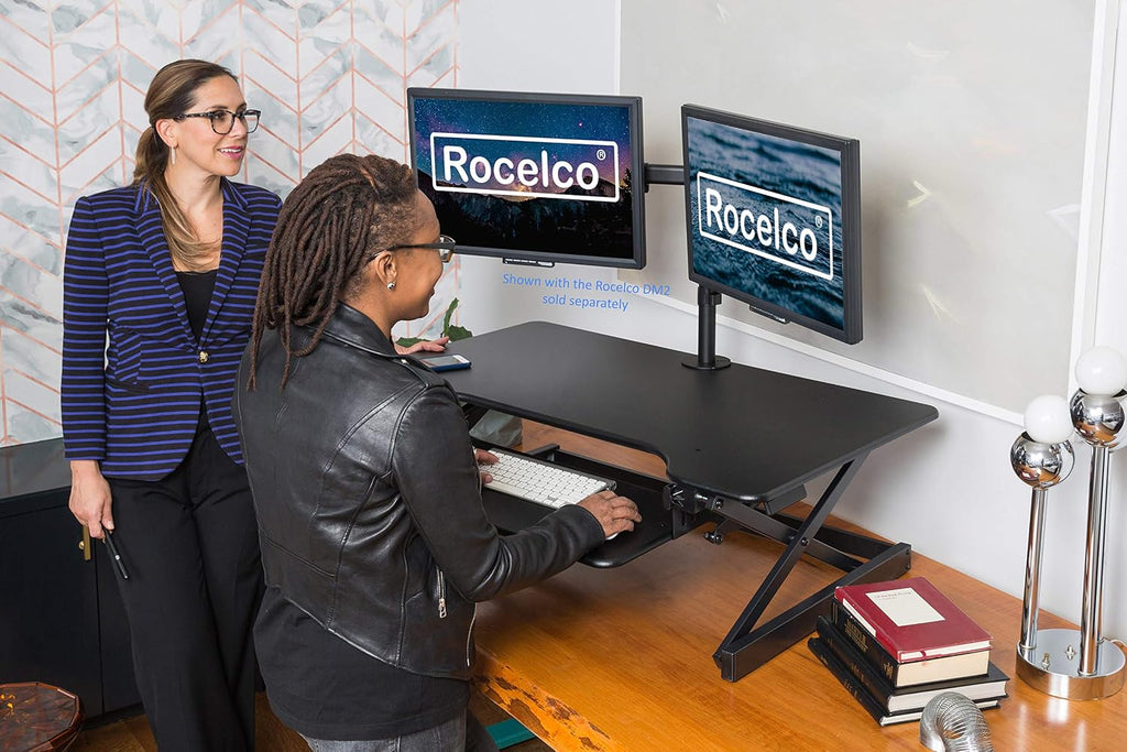 Rocelco 40' Large Height Adjustable Standing Desk Converter - Quick Sit Stand Up Dual Monitor Riser - Gas Spring Assist Computer Workstation - Retractable Keyboard Tray - Black (R DADRB-40)