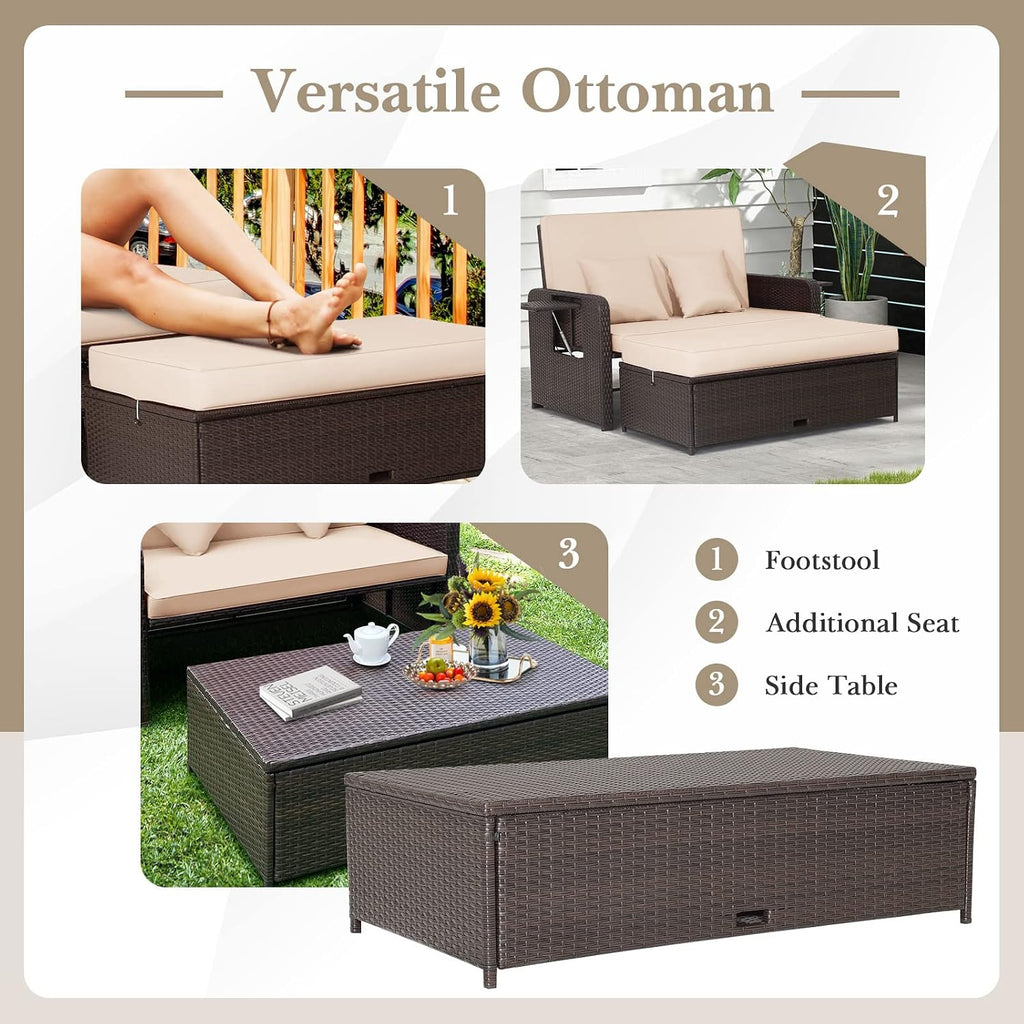 Tangkula Patio Rattan Daybed with 4-Level Adjustable Backrest, Outdoor PE Wicker Loveseat with Storage Ottoman & Folding Side Tray, Double Sunbed Lounger for Balcony, Backyard & Poolside