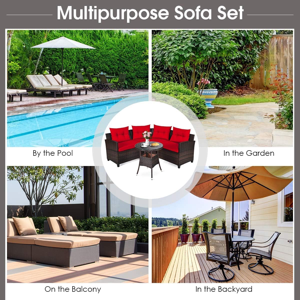HAPPYGRILL 4 Pieces Rattan Patio Conversation Set, Outdoor Wicker Furniture Set with Cushioned Sofas and Coffee Table, L-Shape Sectional Curved Sofa Set for Garden Poolside Balcony