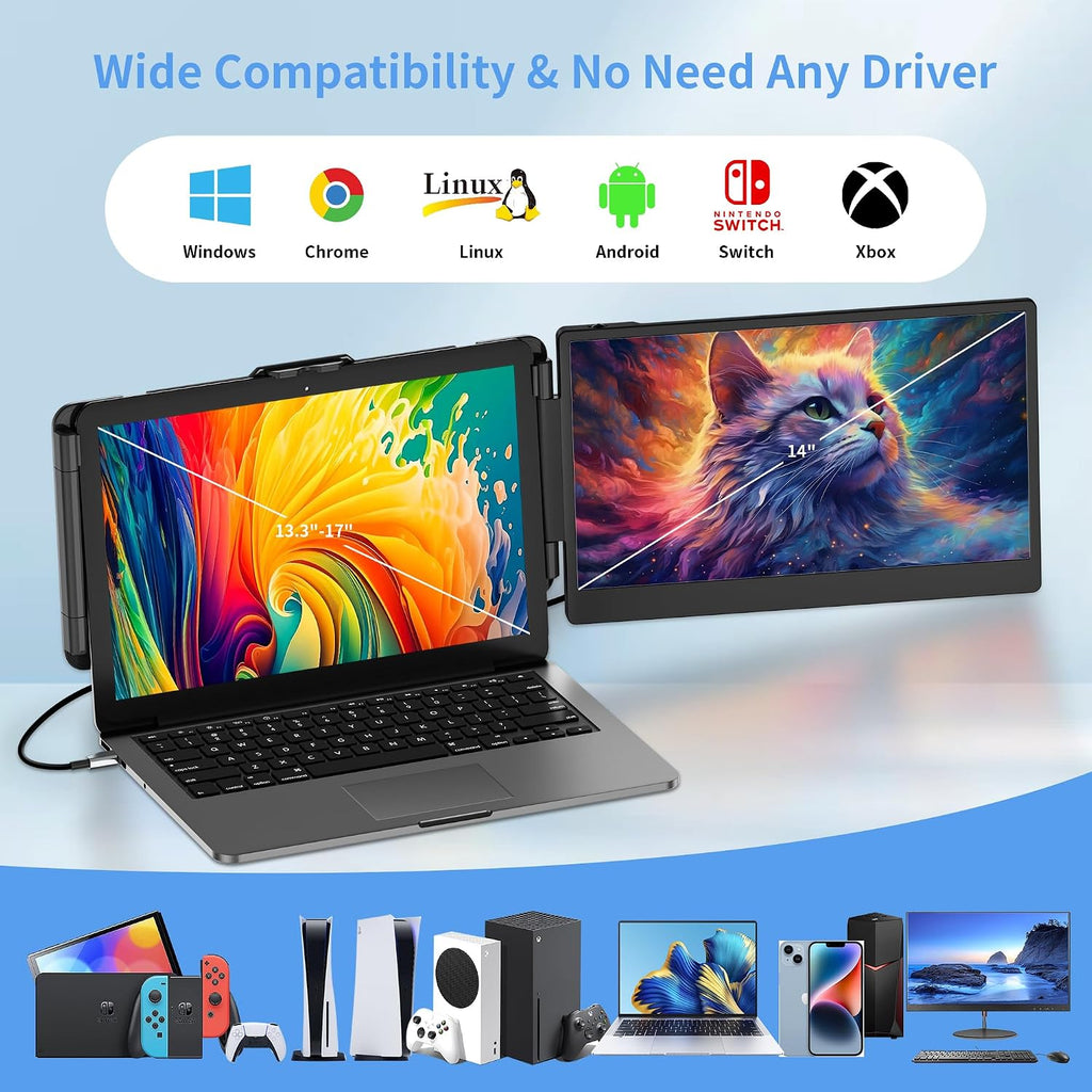 14' Laptop Screen Extender, FHD 1080P IPS Dual Screen Laptop Monitor Extender, Portable Monitor for Laptops 13-17.3' Compatible with Win/Mac/Android/Switch