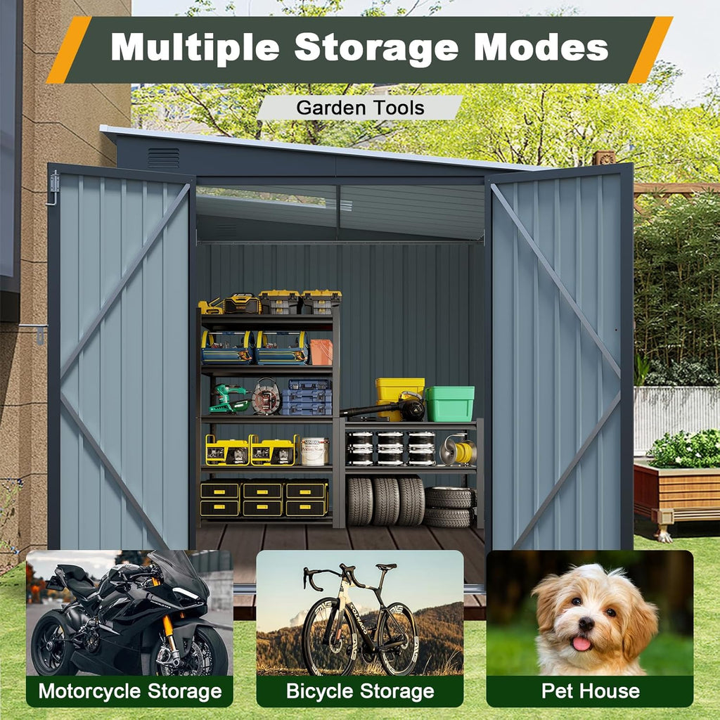 6x8 FT Lean to Shed with Skylight & Double Doors, Metal Outdoor Storage Shed with Free PC Light Board for Tools, Outside Storage Shed Waterproof for Backyard, Patio, Garden