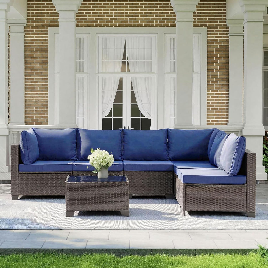 MOCHITO 7 Pieces Outdoor Patio Furniture Sets, All-Weather Sectional Sofa Dark Brown PE Rattan Wicker Conversation Set with Glass Table and Washable Blue Cushions for Backyard,Sunroom,Garden,Porch