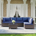 MOCHITO 7 Pieces Outdoor Patio Furniture Sets, All-Weather Sectional Sofa Dark Brown PE Rattan Wicker Conversation Set with Glass Table and Washable Blue Cushions for Backyard,Sunroom,Garden,Porch