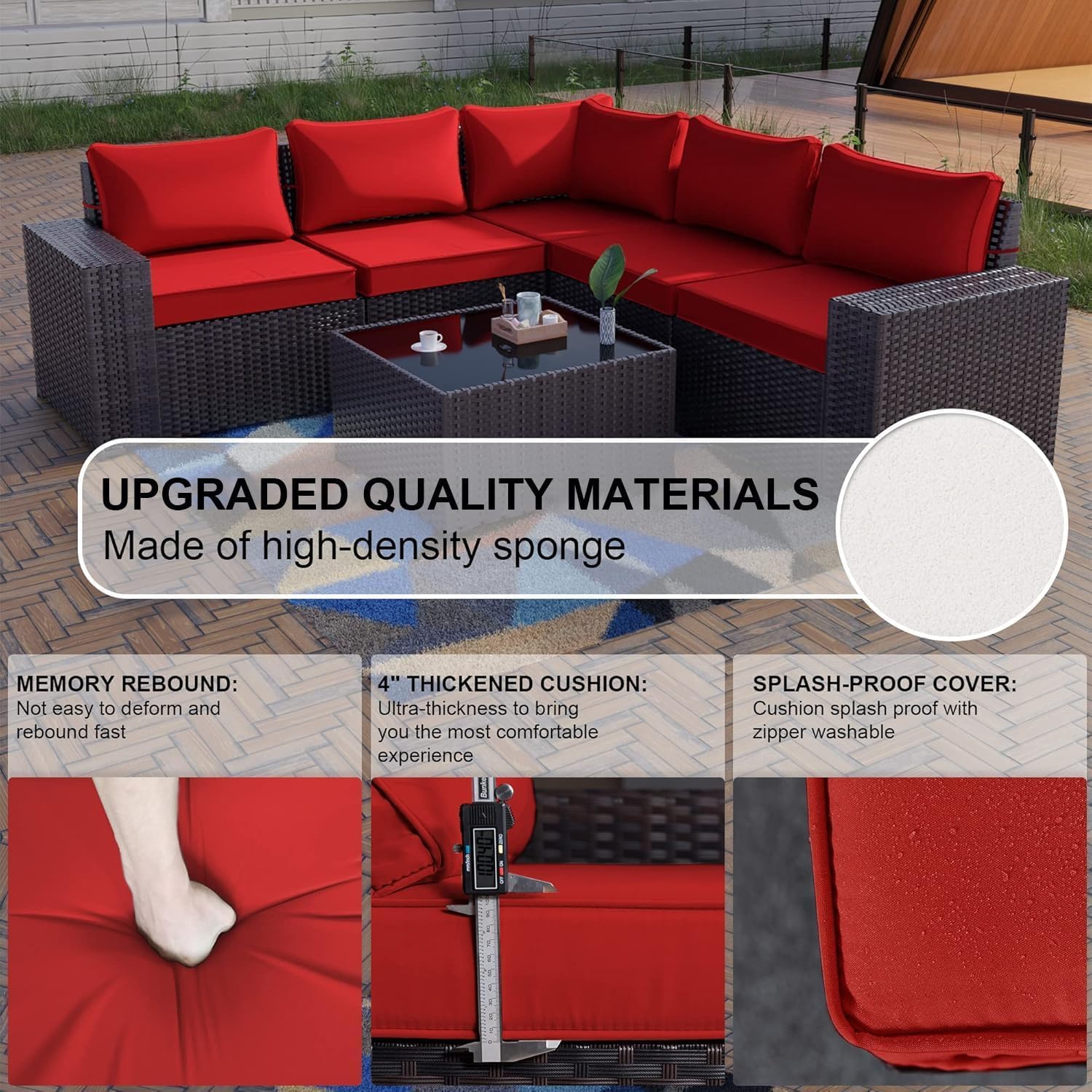 Kullavik Outdoor Patio Furniture Set 6 Pieces Sectional Rattan Sofa Set Brown PE Rattan Wicker Patio Conversation Set with 5 Seat Cushions and 1 Tempered Glass Table, Red