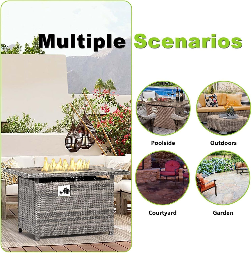 Aoxun 44' Propane Fire Pit 50,000 BTU Outdoor Wicker Fire Table with Wood-grainTabletop Patio Rectangular 2-in-1 Gas Fire Pit Table with Firepit Lid and Waterproof Cover（Gray）