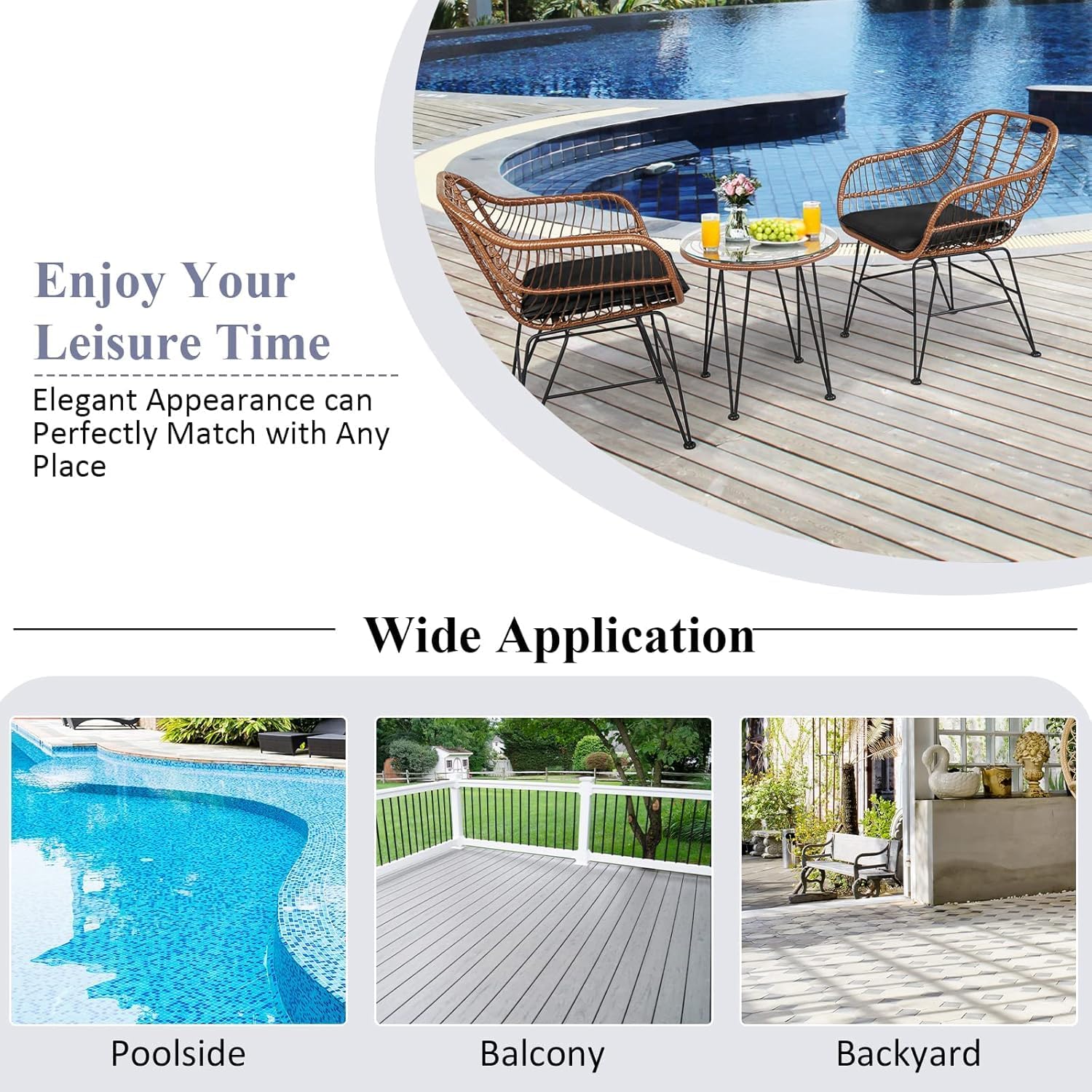 COSTWAY 3 Pieces Patio Bistro Set, Outdoor Rattan Conversation Seating Chair Set with Coffee Table & Soft Cushions, Indoor Wicker Furniture Set for Garden, Balcony, Porch, Pool, Black