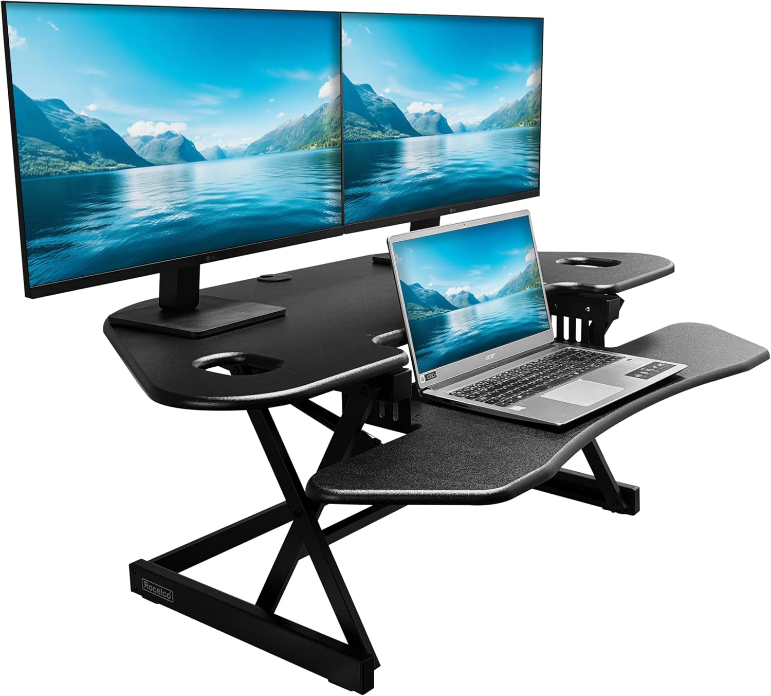 Rocelco 46' Height Adjustable Corner Standing Desk Converter - Quick Sit Stand Up Dual Monitor Riser - Gas Spring Assist Tabletop Computer Workstation - Large Keyboard Tray - Black (R CADRB-46)