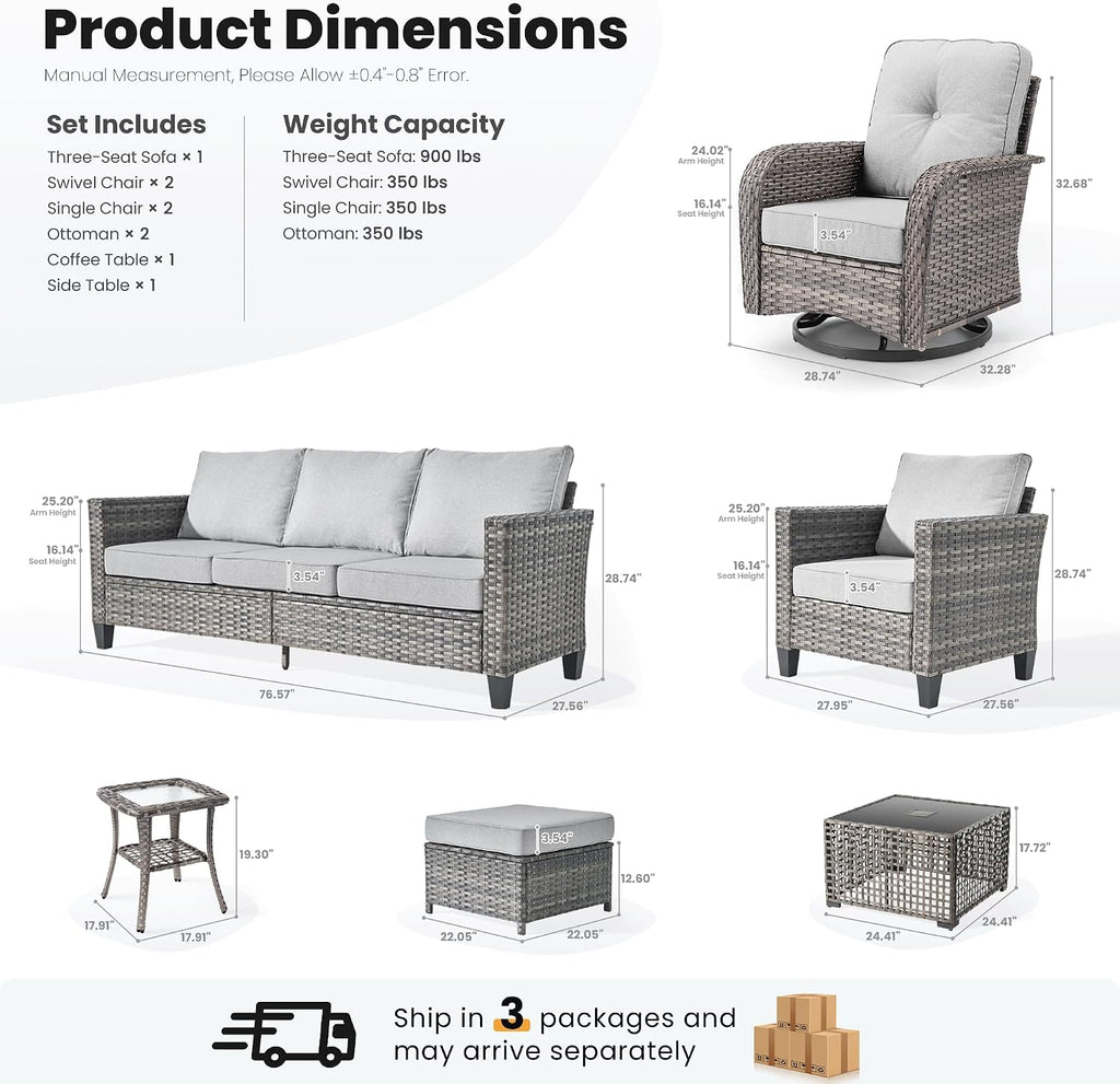 ovios 9 Pieces Patio Furniture Set, Outdoor Wicker Sofa Couch with Rocking Swivel Chairs Solar Lights Table, Modern Deep Seat Rattan Conversation Sets for Deck Porch, Grey