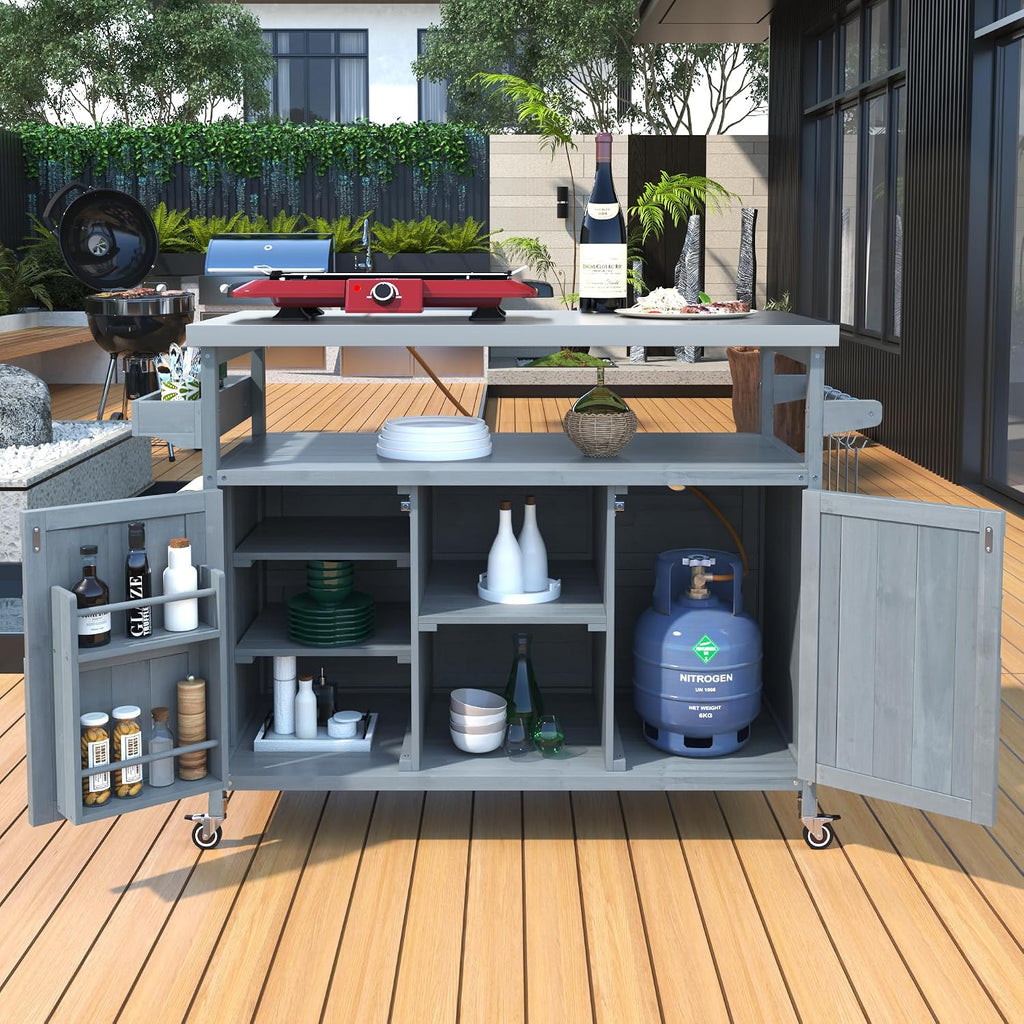 50.25' W Grill Cart with Stainless Steel Tabletop - Outdoor Storage Cabinet for BBQ, Bar Patio Kitchen Island with Ample Storage and Lockable Wheels